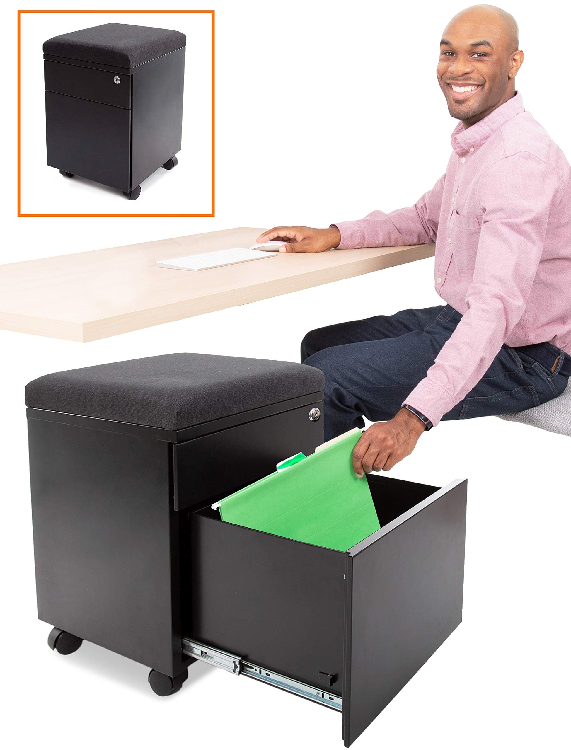 Stand Steady Vert | Rolling File Cabinet | 2 Drawer Mobile File Cabinet with Locking Storage | Small Filing Cabinet with Cushion Top for an Extra Place to Sit | Perfect for Home & Office! (Black)