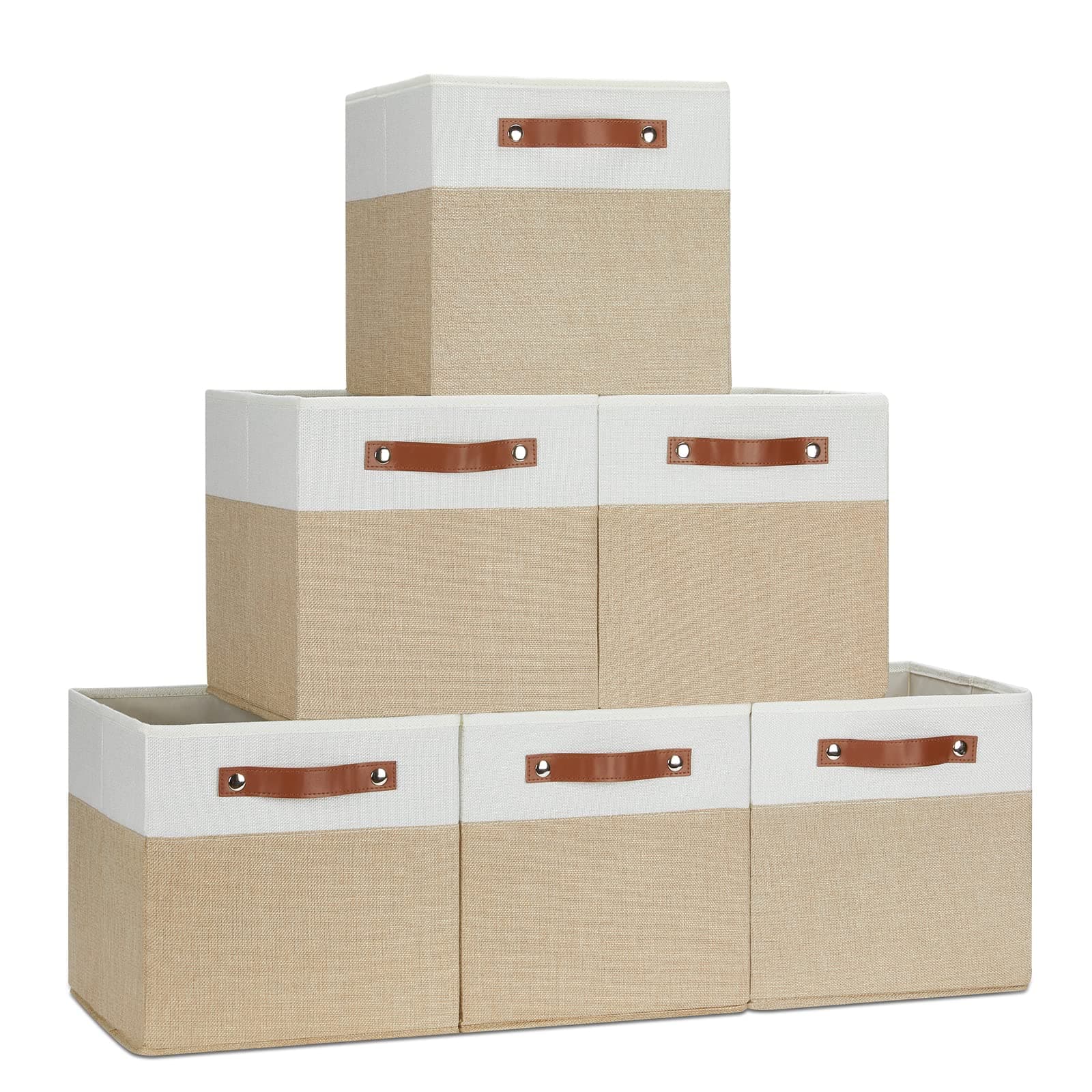 11 inch Cube Storage Bin for Cube Organizer for Closet, Storage Cubes for Organizing Towel, Fabric Storage Cubes for Shelf, Collapsible Storage Bins for Organization(White&Khaki,6 Pack)