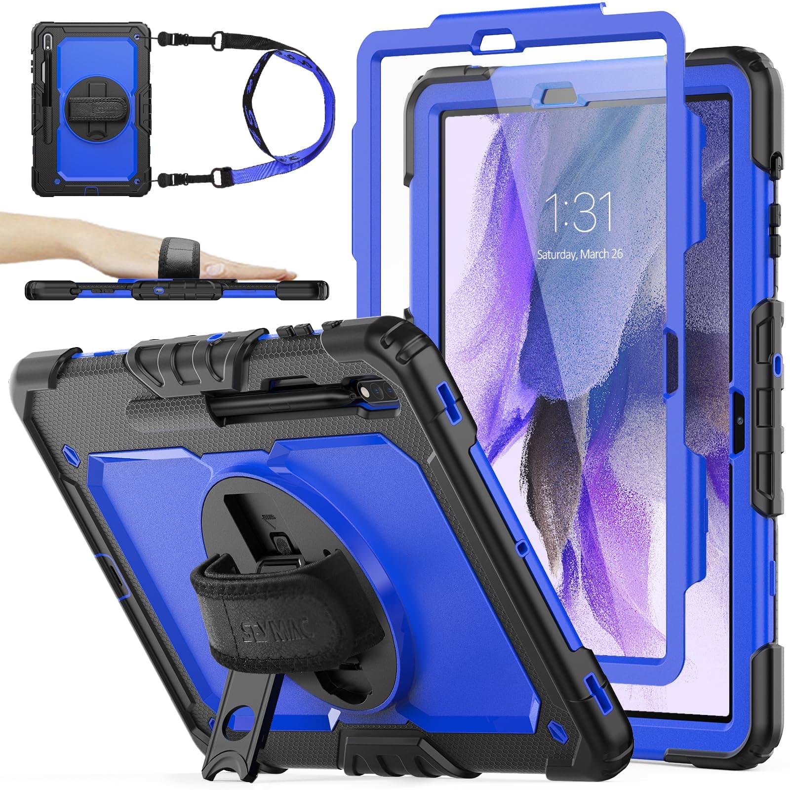 SEYMAC Stock Case Compatible with Galaxy Tab S7 FE, Full-Body &Shockproof Case with 360 Rotating Stand [Pencil Holder] Hand Strap for Tab S7 FE -T730/736B/ S7 Plus -T970/975/976 12.4 (Blue+Black)