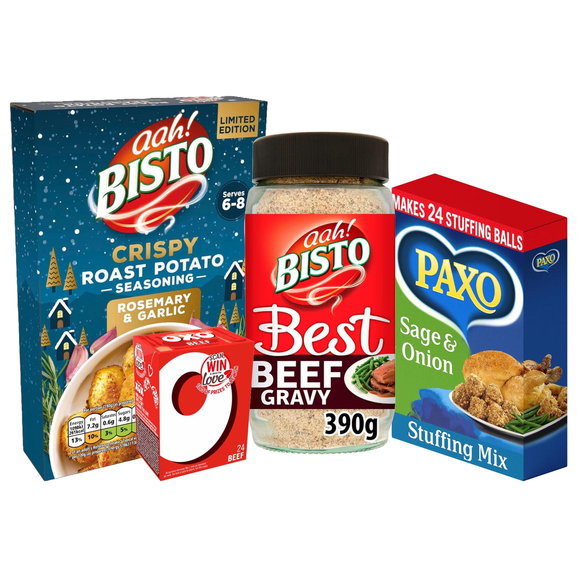 Best Beef Roast Dinner Bundle - 1 x Bisto Best Beef Gravy Granules, 1 x Bisto Crispy Roast Potato Seasoning, 24 x OXO Beef Stock Cubes, 8 x Paxo Sage and Onion Stuffing Mixes