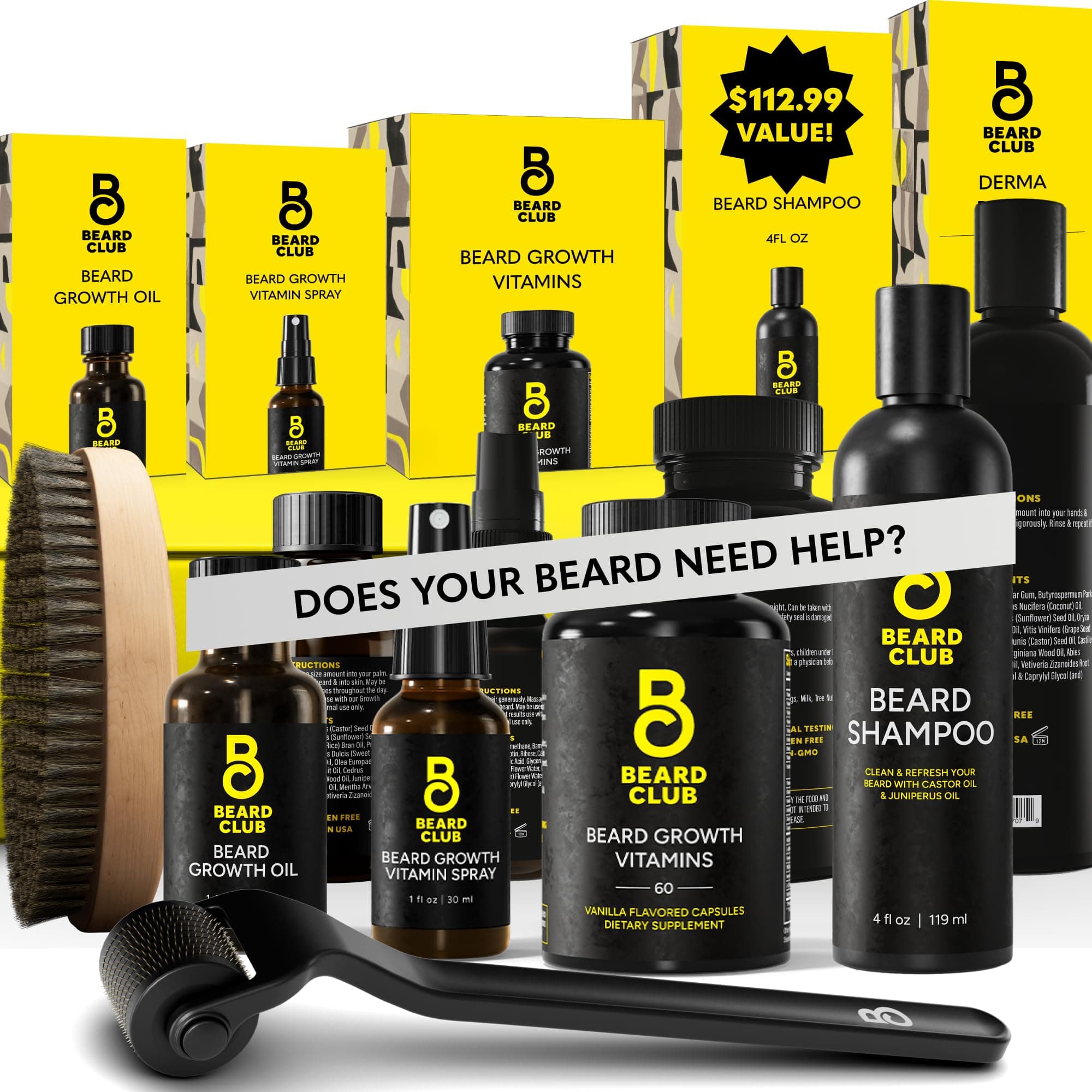 Advanced Beard Growth Kit - Derma Roller, Beard Growth Oil, Beard Growth Vitamins and Beard Growth Vitamin Spray, Beard Shampoo and Beard Brush - Gift Set - Cedar