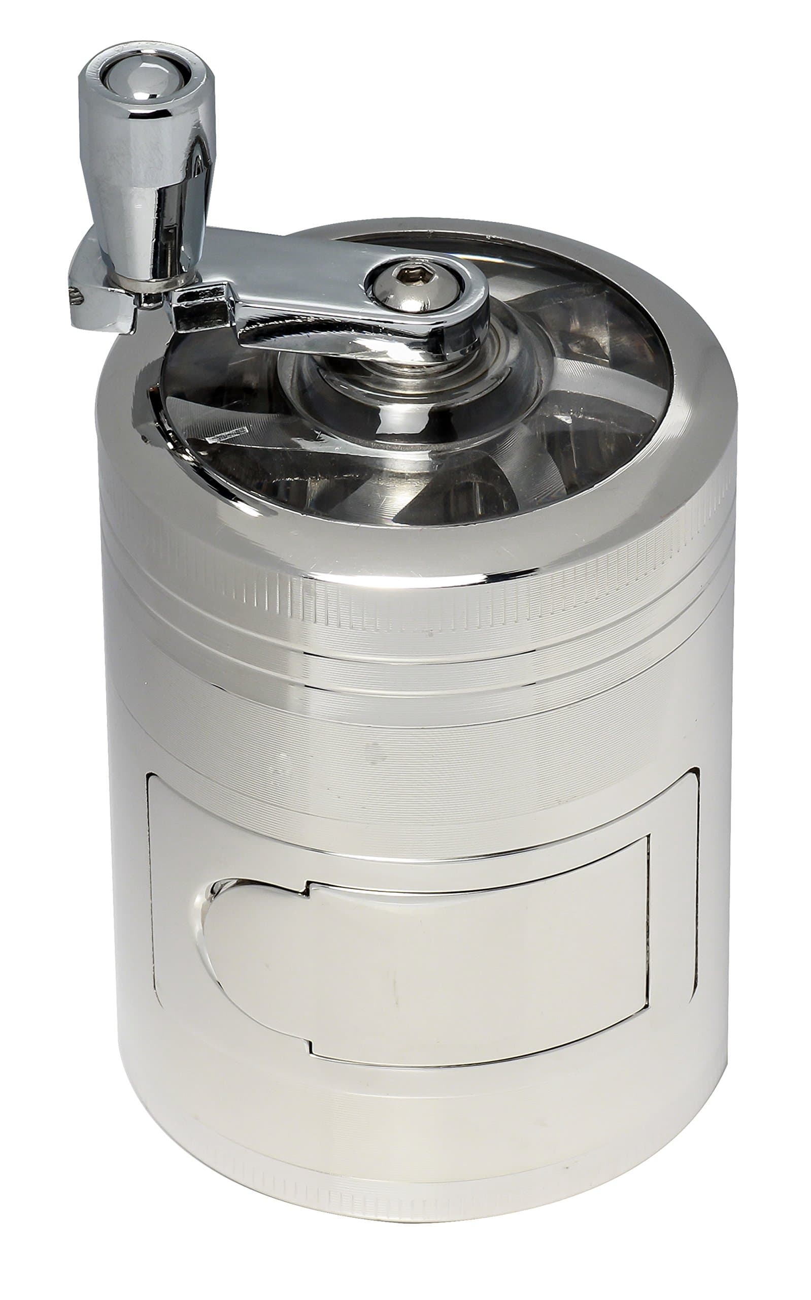 High Capacity Hand Mill 4 Piece Herb/Spice Grinder 2" with Folding Mill Handle & Pour Spout (Chrome)