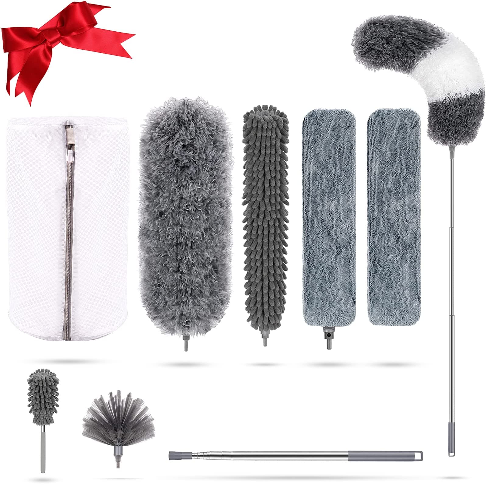 Microfiber Feather Duster 9 PCS, LAZCOZY Duster Kit with 100 inches Extension Pole (Stainless Steel), with Bendable Head , Extendable Duster for Ceiling Fan, Car, Corner, Keyboard, Gap, Furniture
