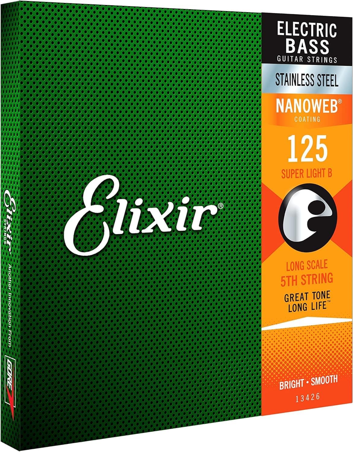 Elixir Strings, Custom Electric Bass Guitar Strings, Stainless Steel with NANOWEB Technology, Longest-Lasting Bright Tone & Comfortable Feel, 5th String Single, Long Scale, Super Light B, 125