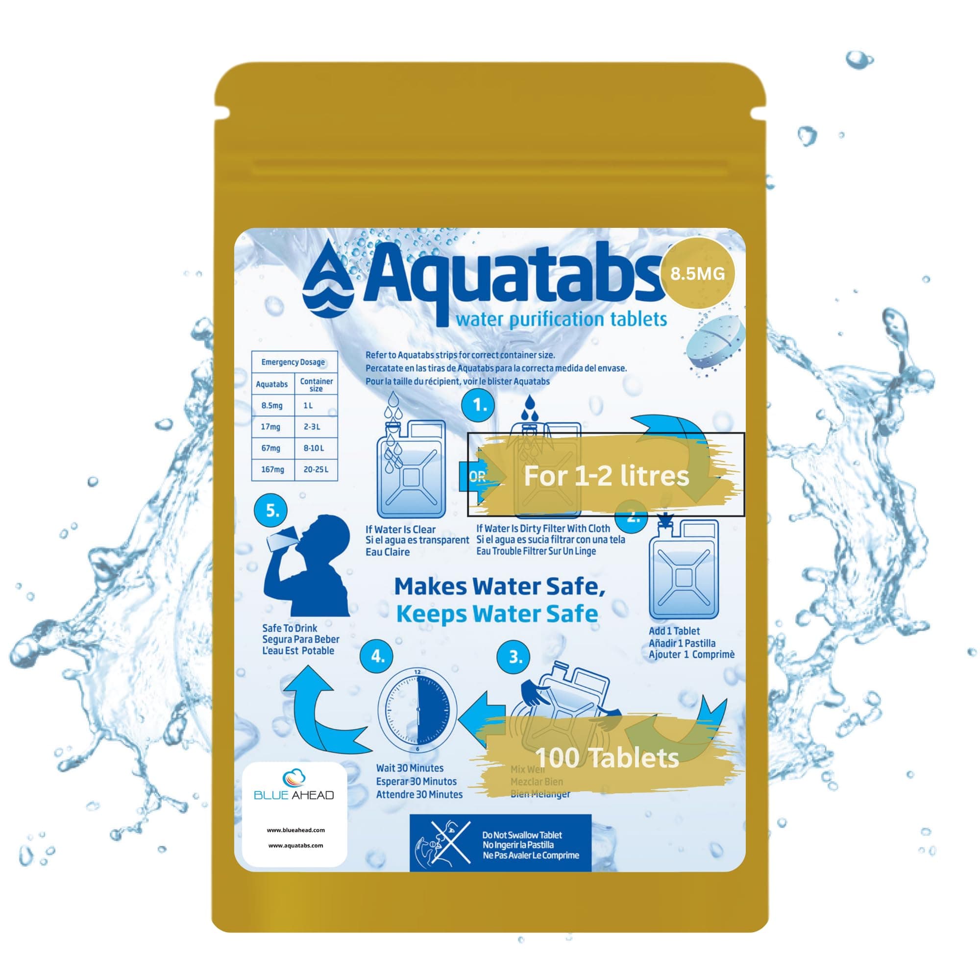 Water Purification Tablets 8.5mg x 100 – Water Treatment Tablets for Drinking Water – Water Purifier Tablets for Camping, Hiking, Travel, Survival & Emergency Prep – Each Tablet Treats 1–2 Litres