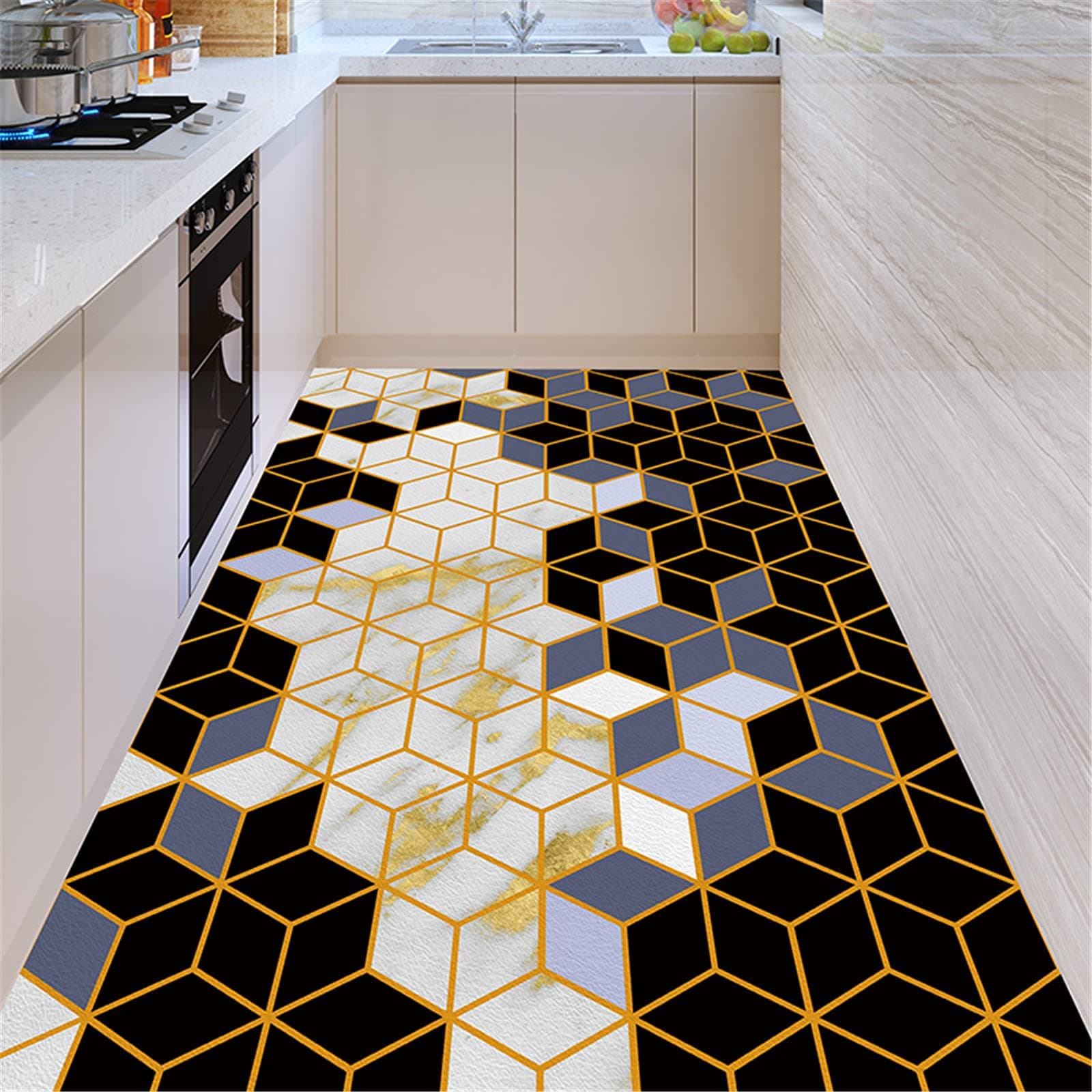 Modern Kitchen Rugs, Geometric Patterns Non Slip Leather Floor Mats, PVC Waterproof Outdoor Carpet, for Home Bedroom Living Room Bath Area Rugs, Customizable,120x140cm