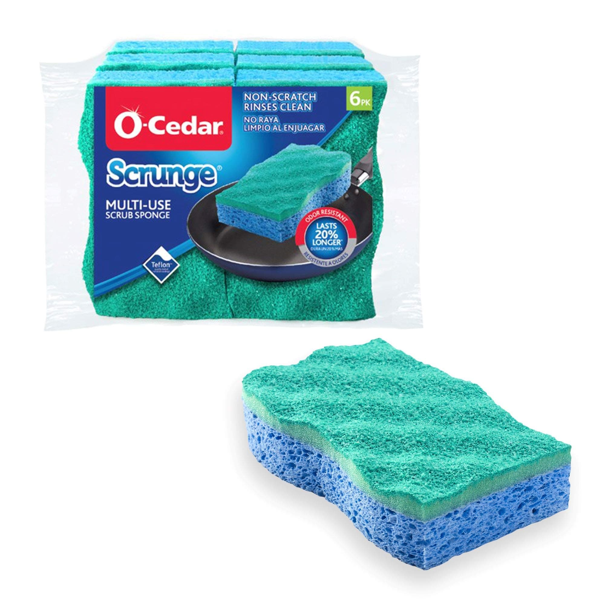 O-Cedar Scrunge Multi-Use (Pack of 6) Non-Scratch, Odor-Resistant All-Purpose Scrubbing Sponge Safely Cleans All Hard Surfaces in Kitchen and Bathroom, 6 Count (Pack of 1), Blue