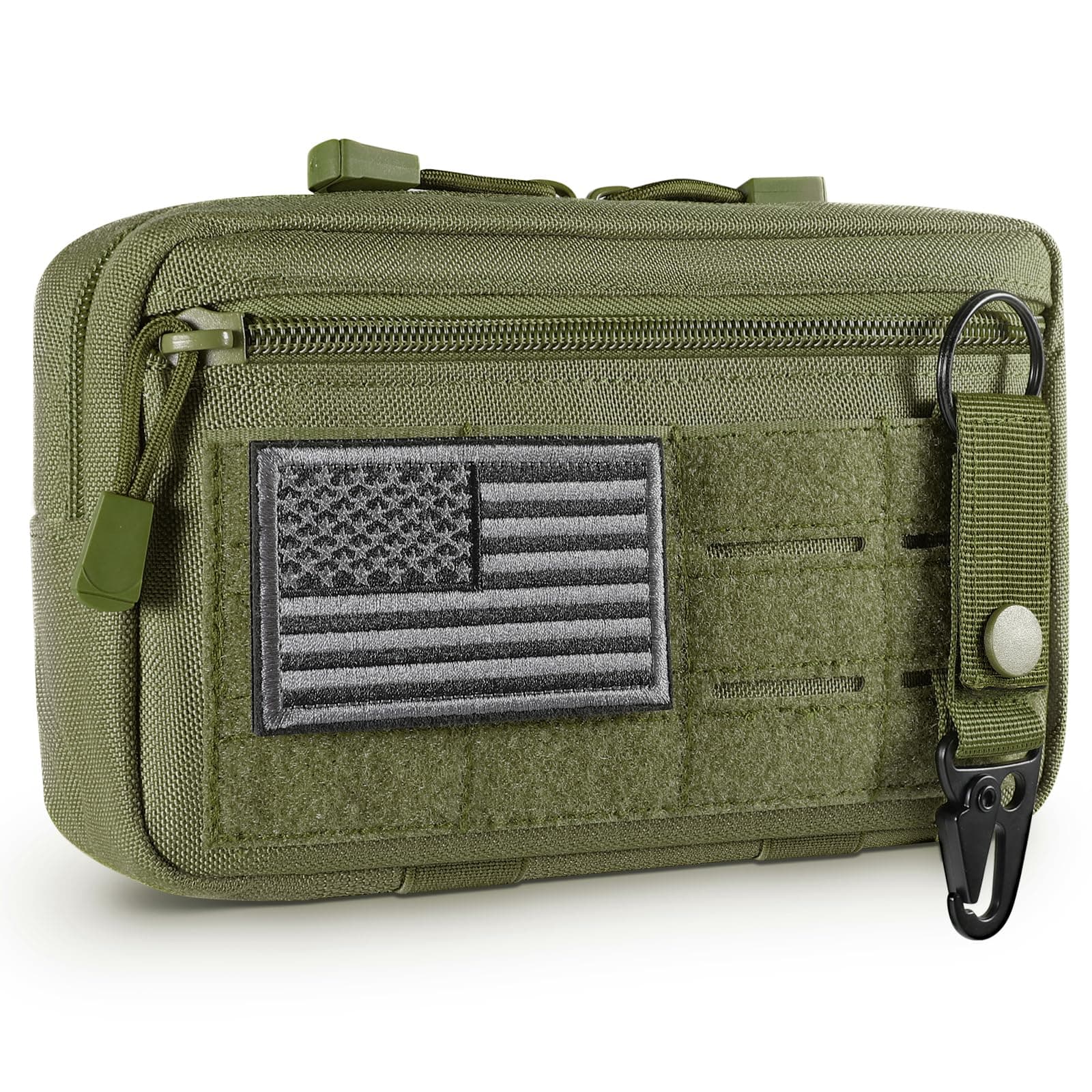 Tactical Molle Admin Pouch Utility Laser Cut EDC Tool Pouch Bag Horizontal Modular Pouches Include US Flag Patch and Keychain (Army Green)