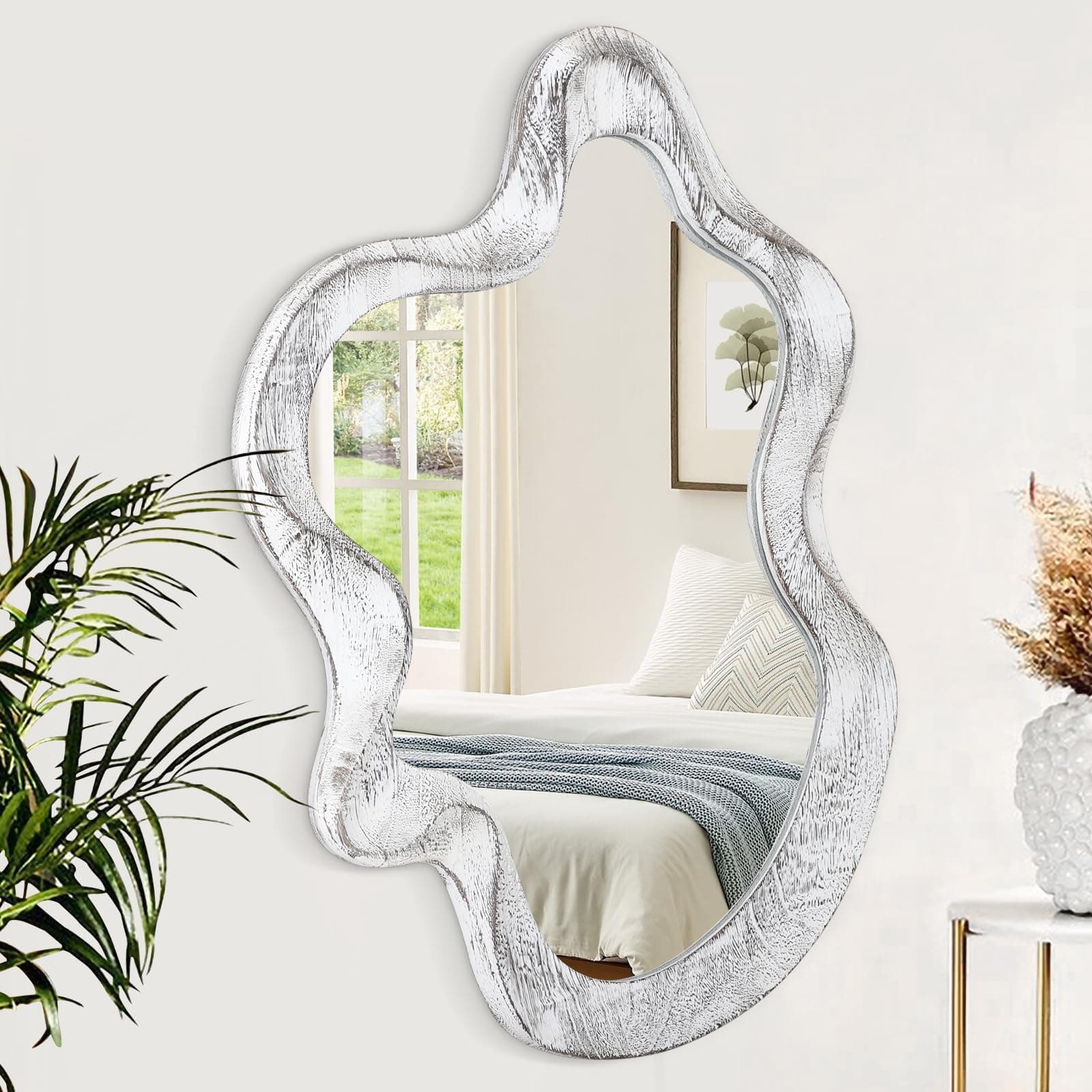 Wooden Frame Asymmetric Mirror, Irregular Wall Mirrors, Unique Shape, Wall Mount, Modern Art Cloud Mirror, Decorative for Living Room, Bedroom