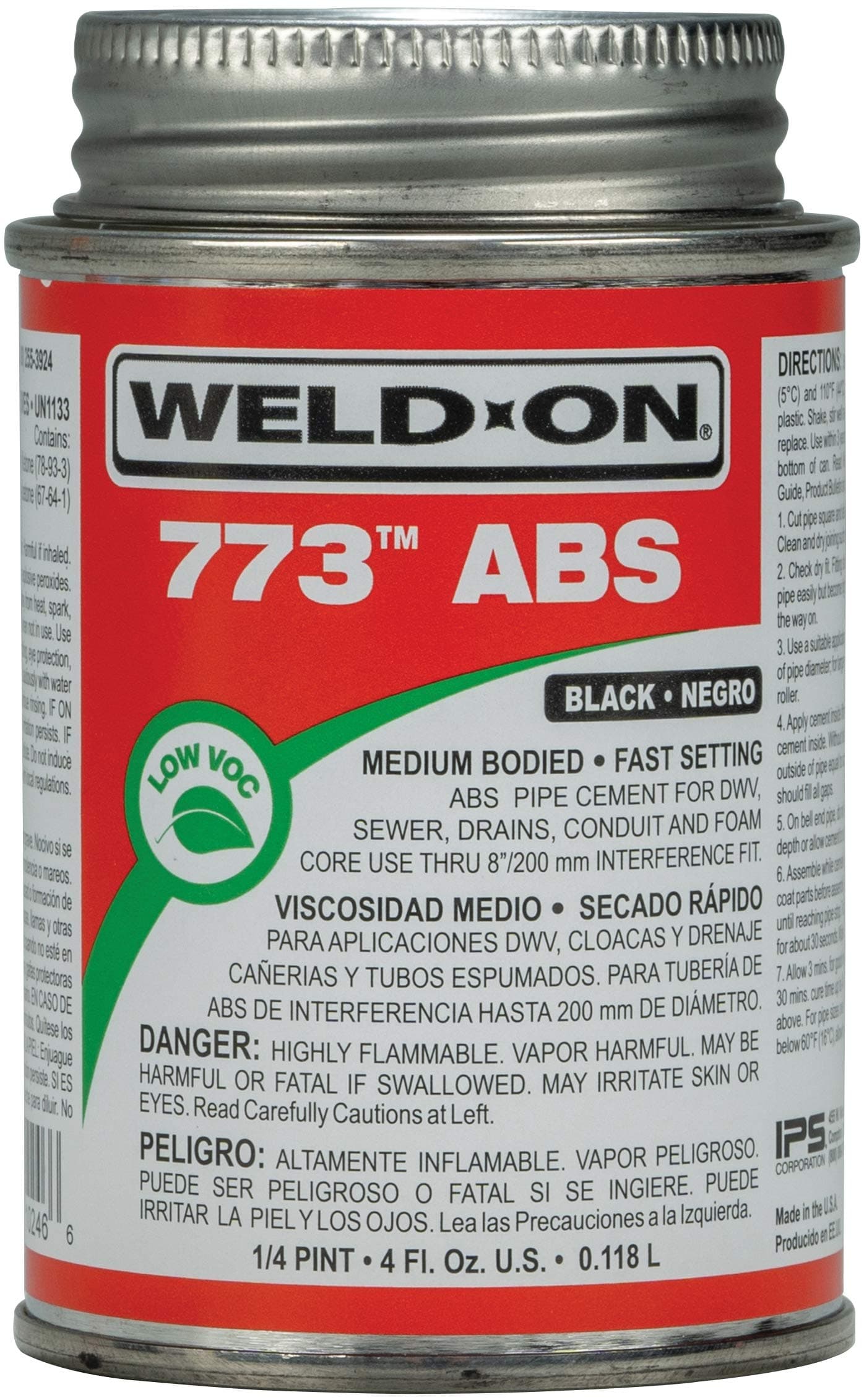 Weld-On 10246 773 ABS Medium-Bodied High Strength Solvent Cement - Fast Setting and Low-VOC, Black, 1/4 Pint (4 fl oz)
