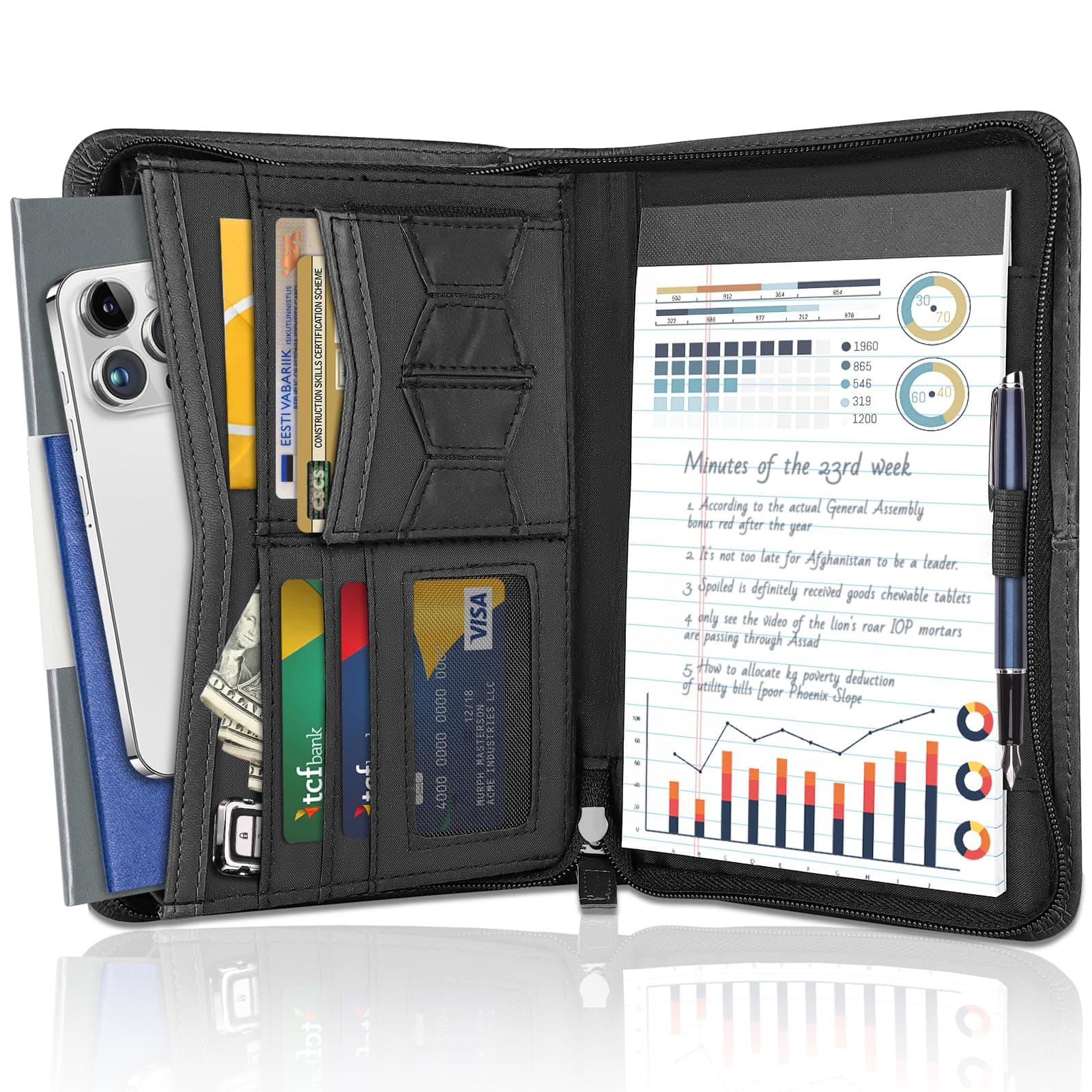 Zippered Portfolio Binder for Men & Women, Resume Portfolio Folder with 5.3" x 8 "Notepad, 9.6" x 7" Faux Leather Portfolio for Resume, Documents, Phone, Business Supplies and Cards (Black)