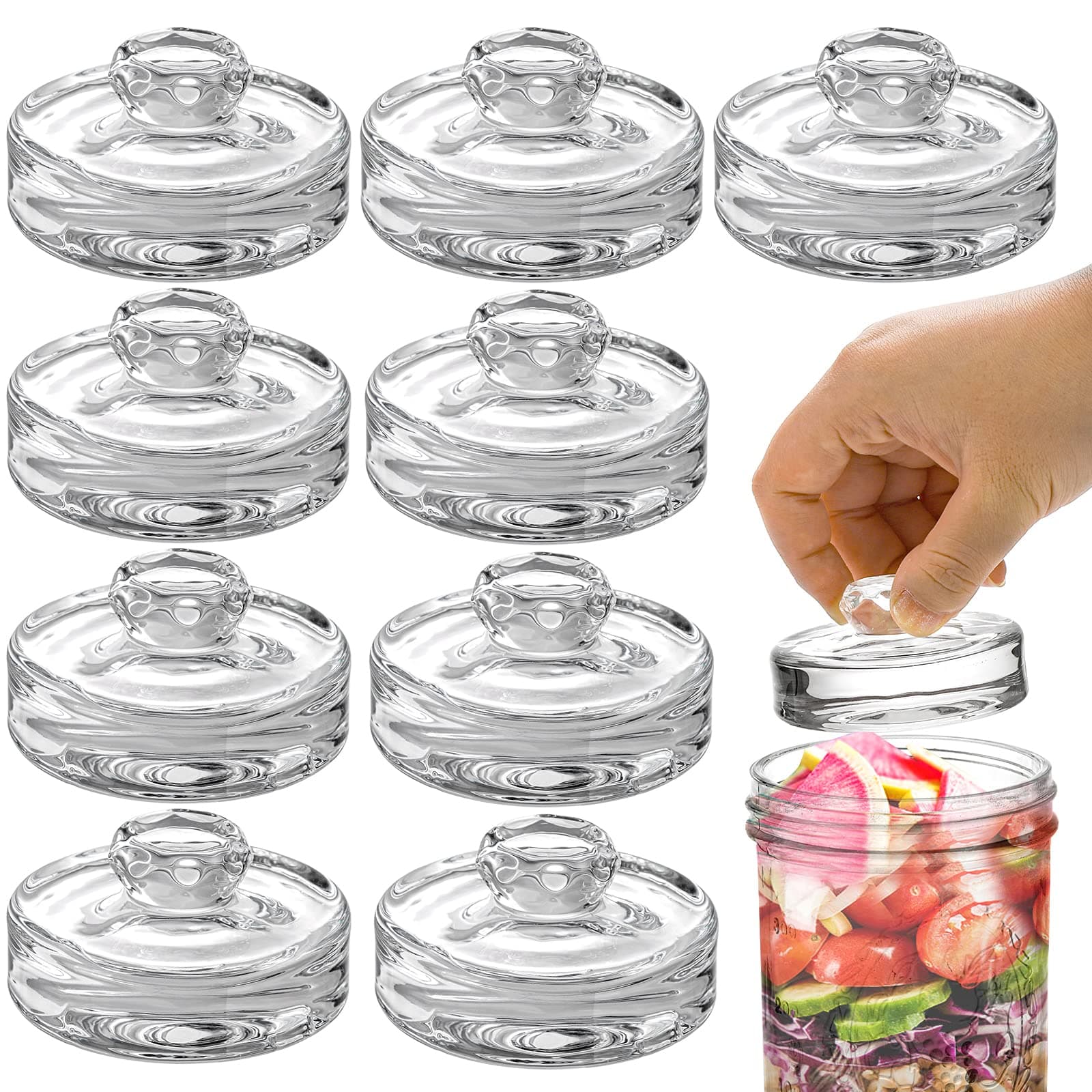 9 Pack Fermentation Glass Weights with Easy Grip Handles for Wide Mouth Mason Jars, Pickling Jars, Glass Fermentation Weights for Fermenting Kit, Sauerkraut, Kimchi and More