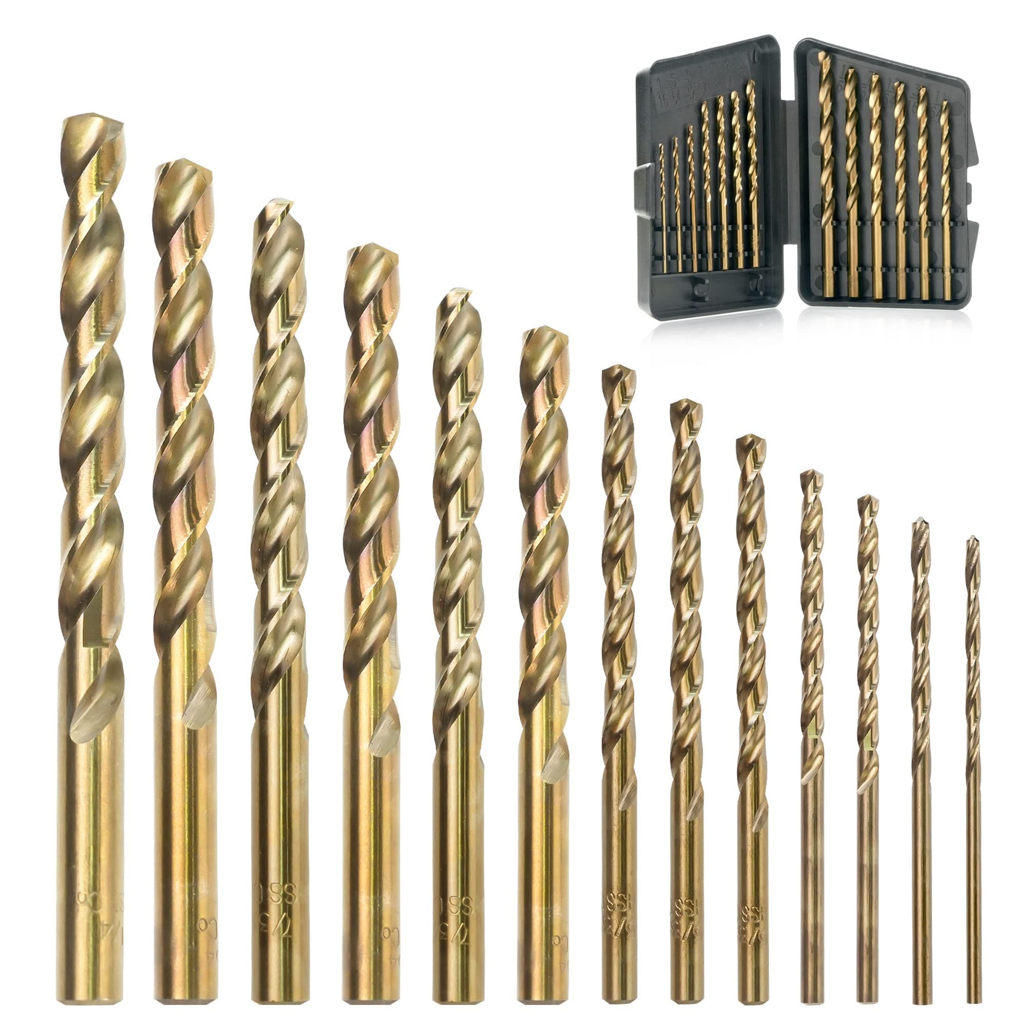 13Pcs Cobalt Drill Bits Set, M35 HSS, 135 Degree Tip, Twist Jobber Length Drill Bit Kit for Hardened Metal, Cast Iron, Stainless Steel, Plastic and Wood with Storage Case 1/16"-1/4"