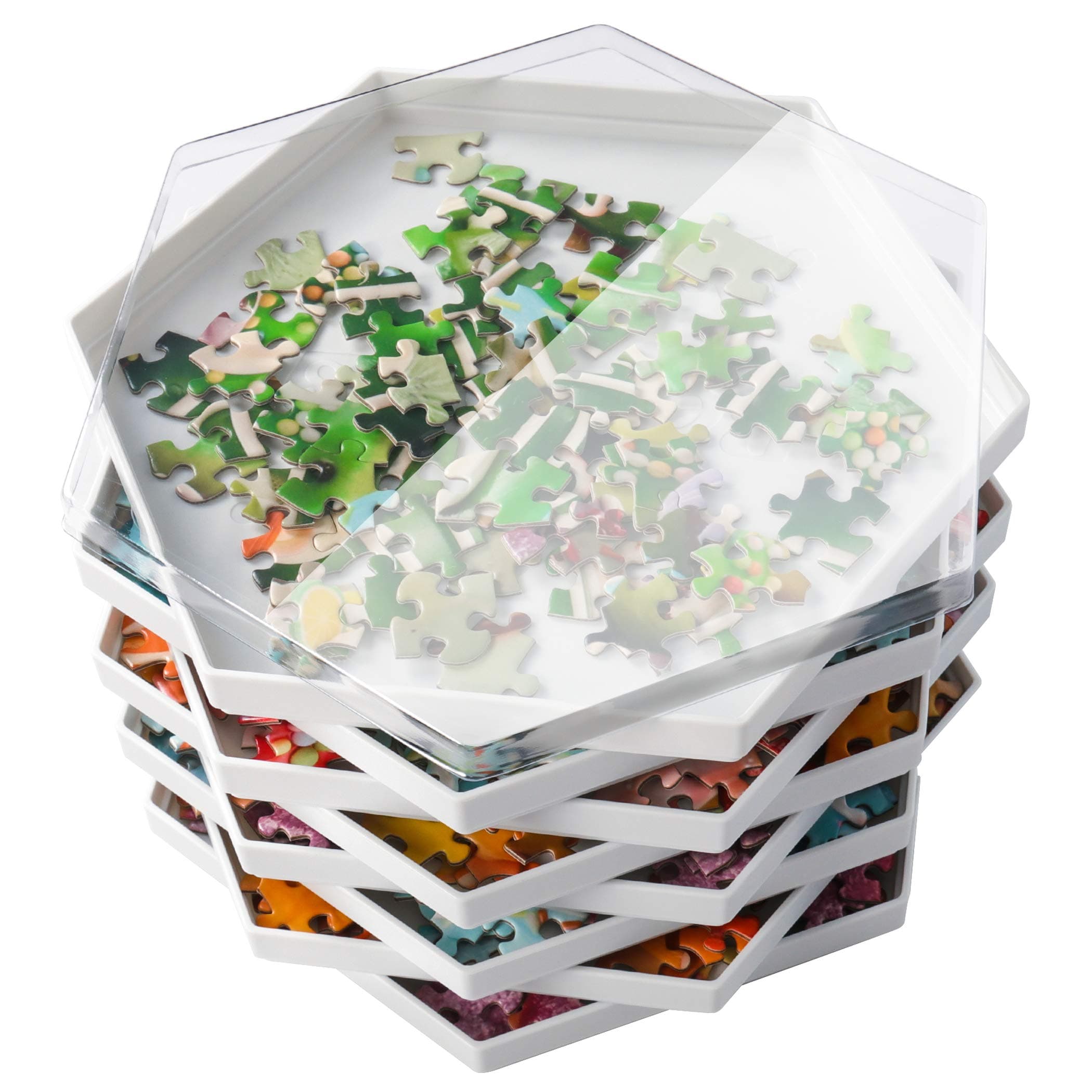 Becko US Stackable Puzzle Sorting Trays Jigsaw Puzzle Sorters with Lid Puzzle Accessory for Puzzles Up to 1500 Pieces, 8 Hexagonal Trays (White)
