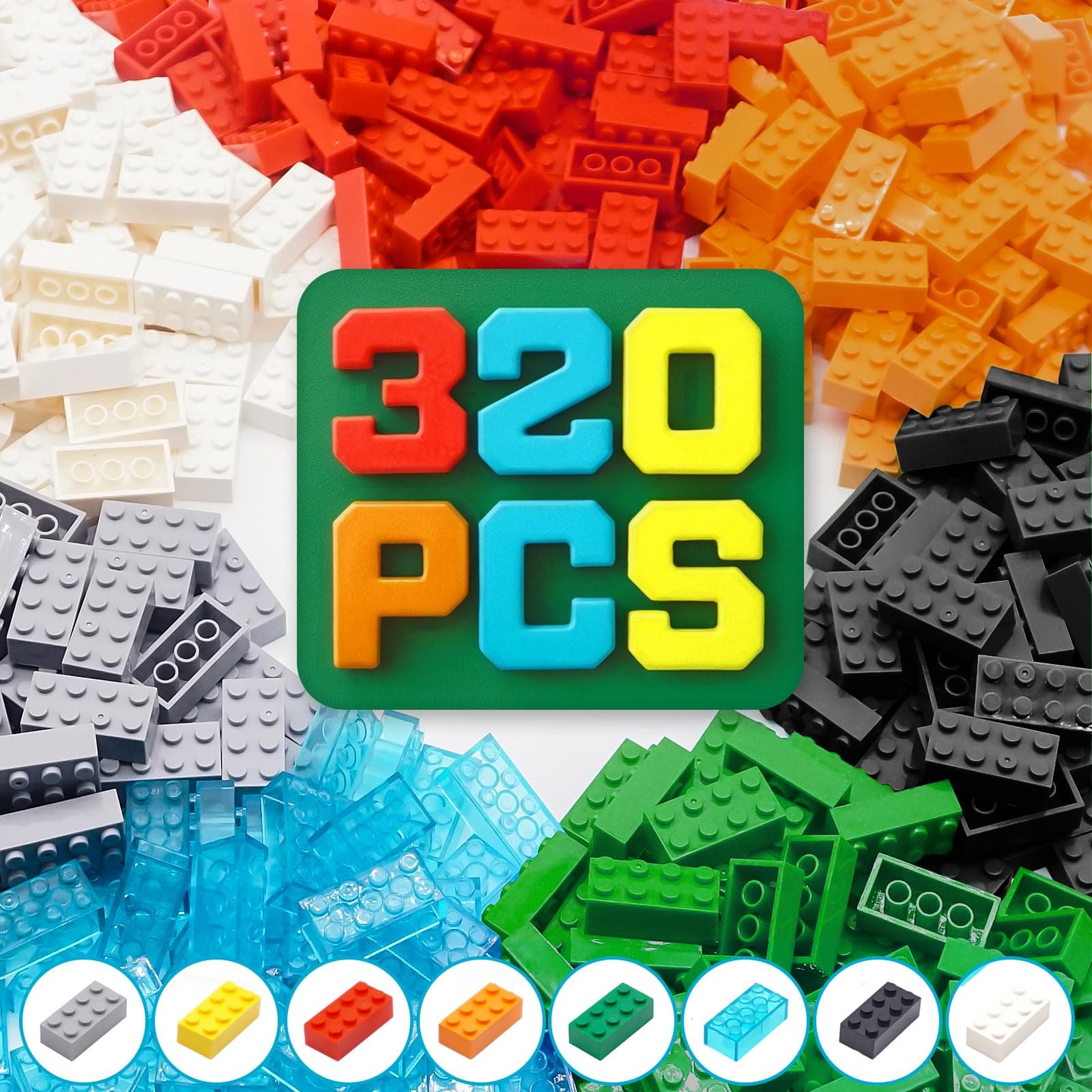 2x4 Building Bricks 320 Pieces, 8 Mixed Colors Bricks Bulk Kit, Basic Parts Accessories, Classic Creative Building Blocks Set, Compatible