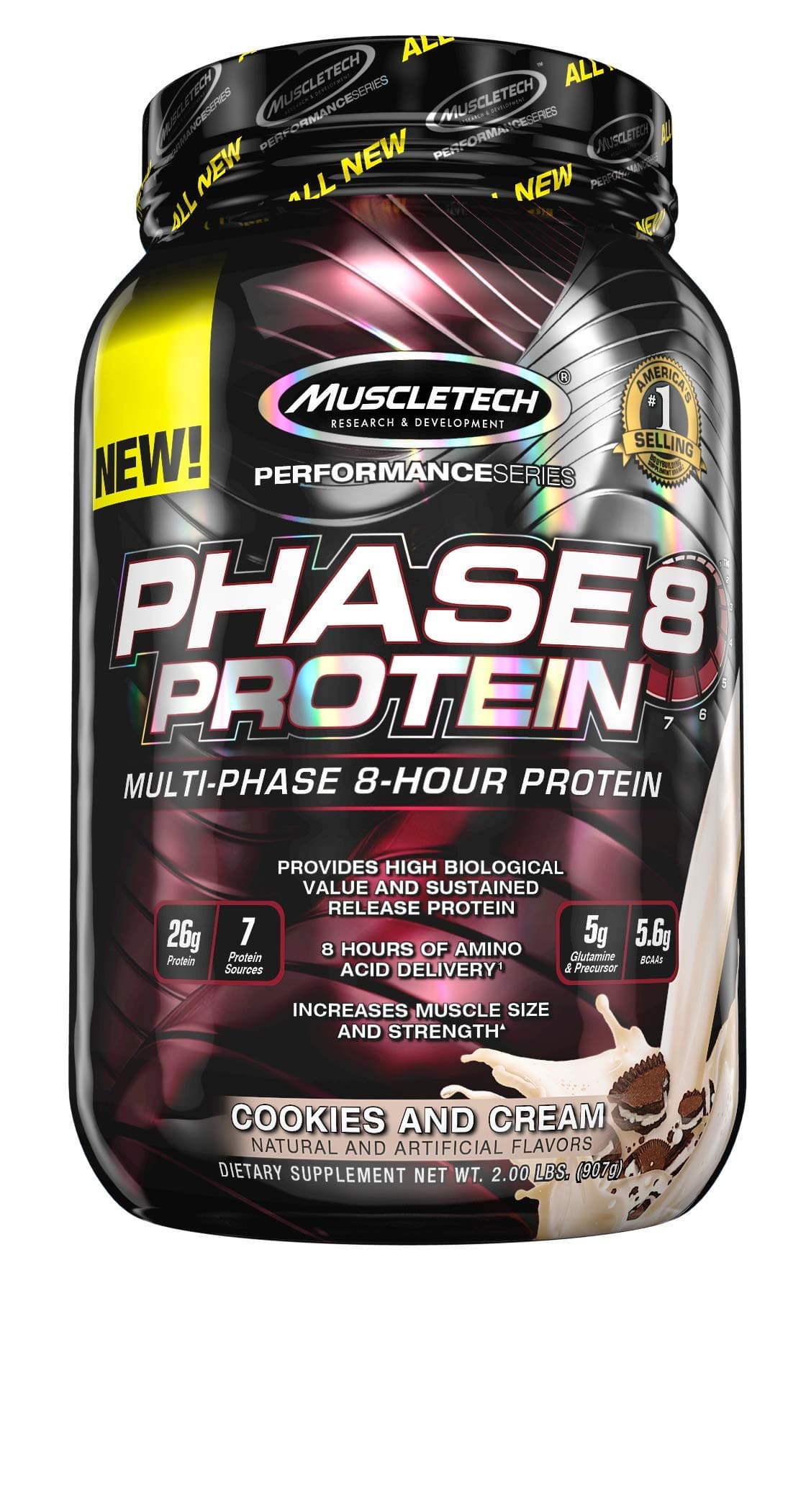 MuscleTech Phase 8 Protein Powder, Multi-Phase 8-Hour Protein Formula, Cookies and Cream, 2.0 lbs (907g)