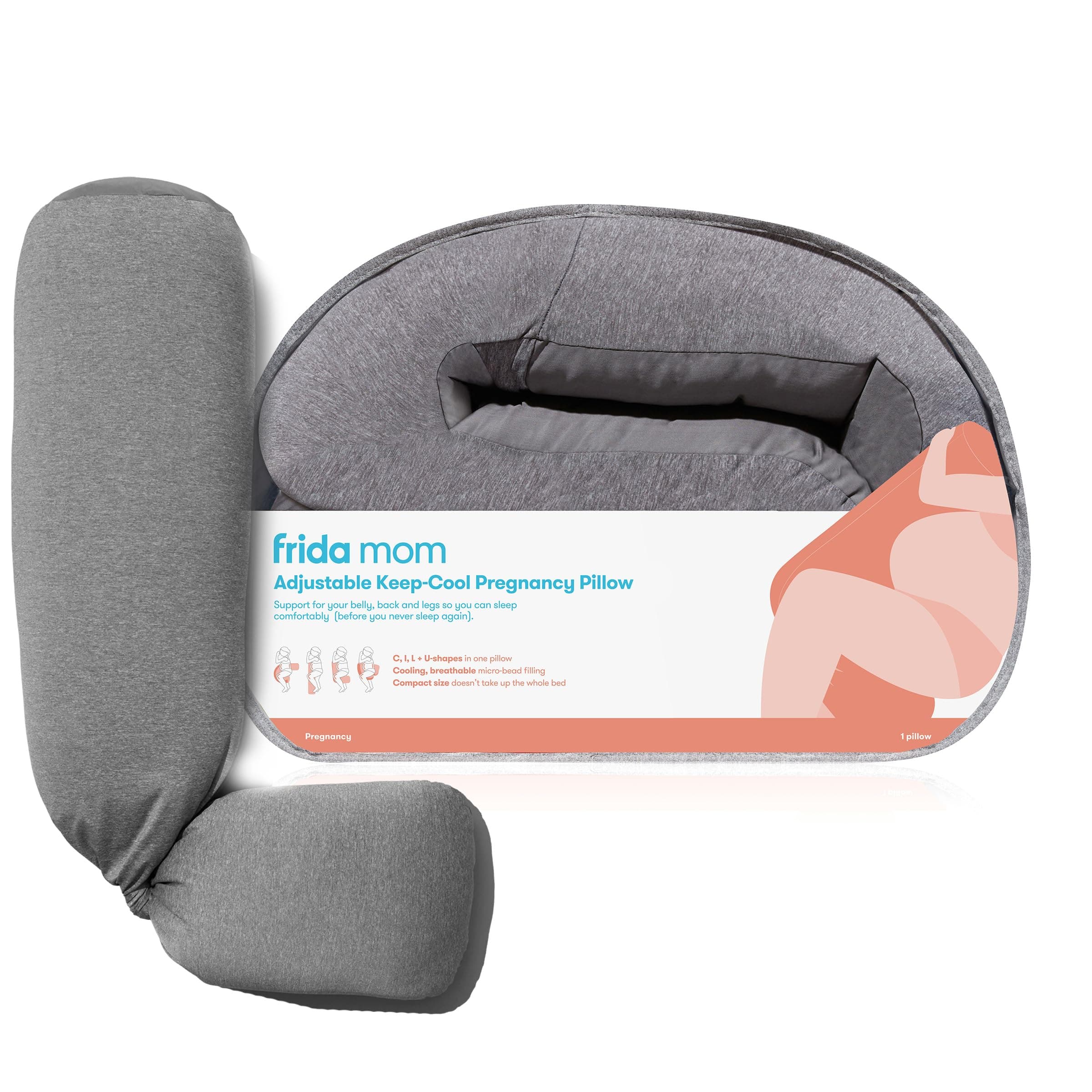 Adjustable Keep-Cool Pregnancy Pillow | Support for Belly, Hips + Legs for Pregnant Women | Breathable + Cooling Grey Fabric