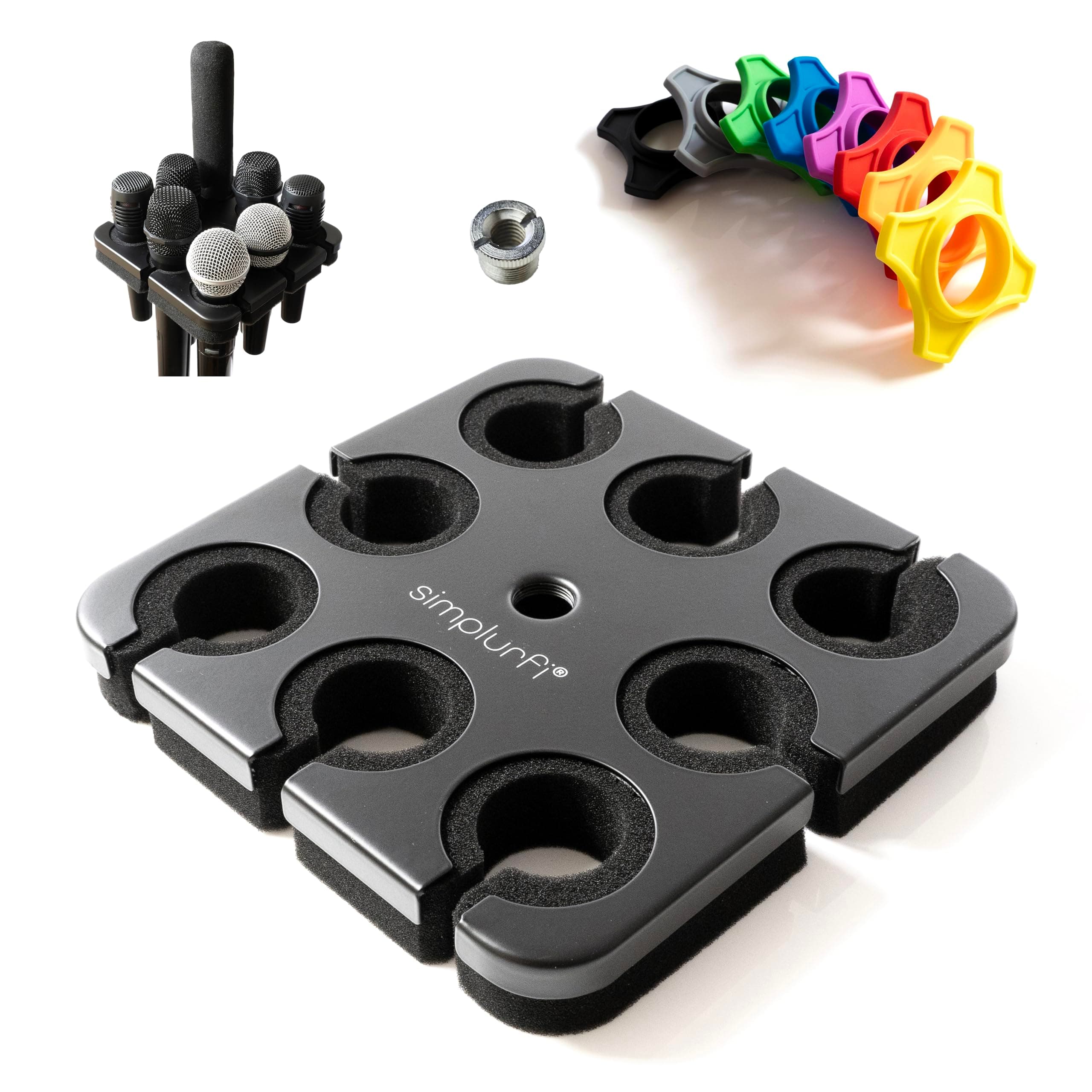 Multi Microphone Holder For Mic Stand - Square Tray Attachment holds up to 8 mics On Stage Organizer and Display - 8 Anti-roll Rings Included