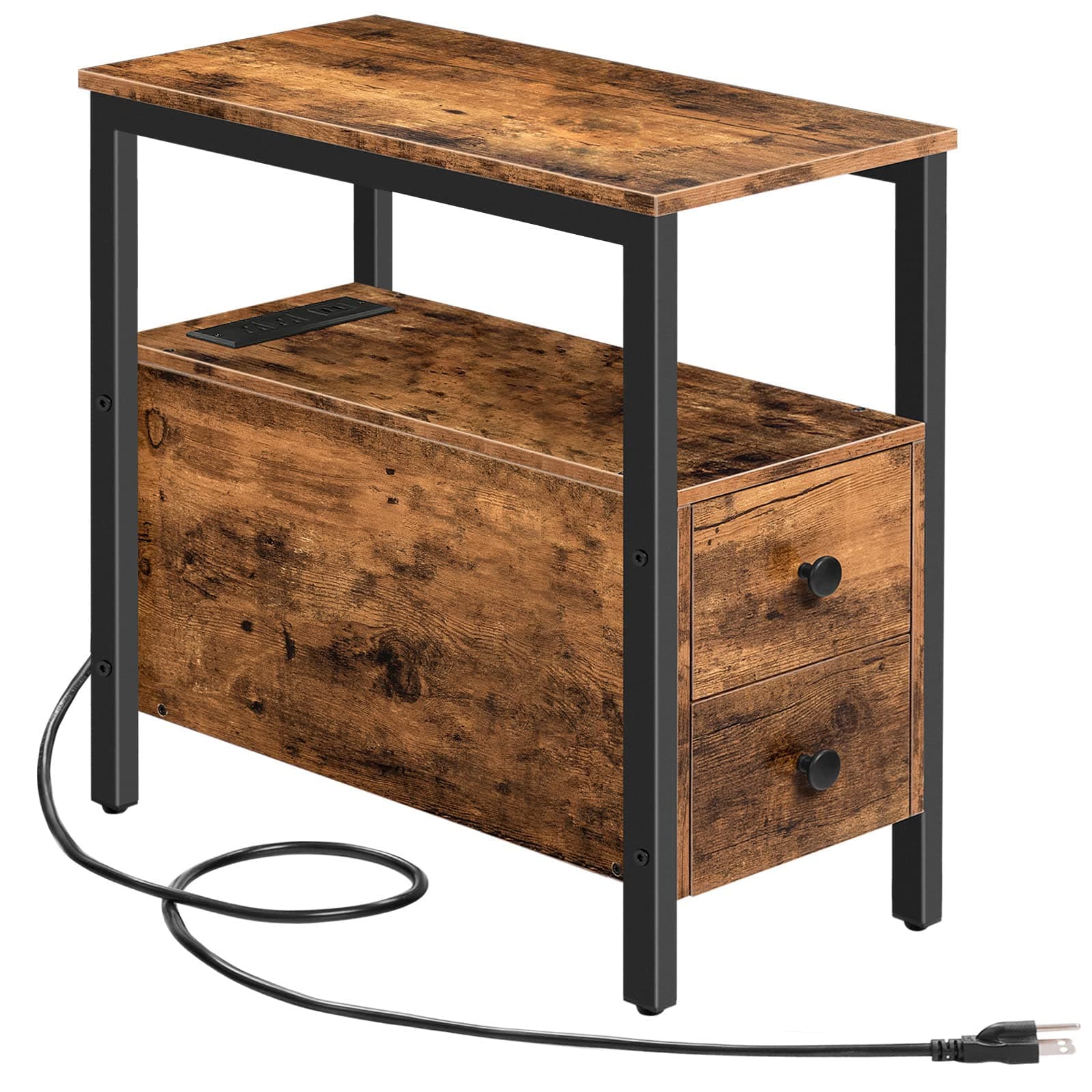 HOOBRO End Table with Charging Station, Narrow Side Table with 2 Drawer & USB Ports & Power Outlets, Nightstand for Small Spaces, Stable, for Living Room, Bedroom, Rustic Brown and Black BF541BZ01