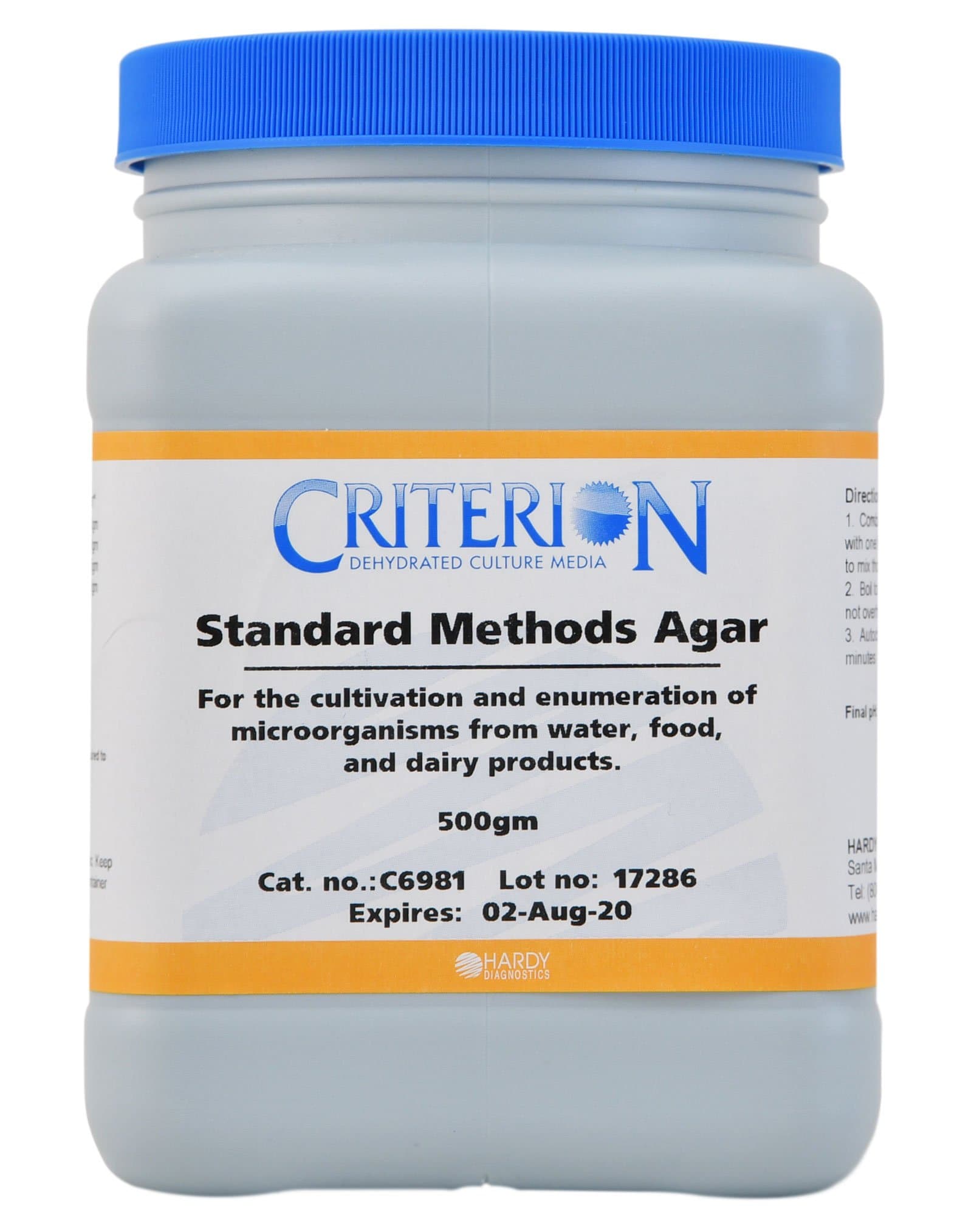 Standard Methods Agar (Plate Count Agar/Tryptone Glucose Yeast (TGY) Agar), CRITERION Dehydrated Culture Media, 500gm Wide-Mouth Bottle, by Hardy Diagnostics