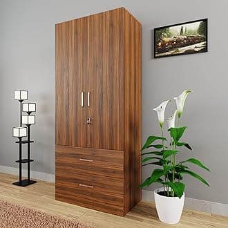 VIKI Wardrobe | Wooden Almirah for Clothes,Door for Bedroom, 2 Door Wardrobe with Drawer & Hanging Space (Brussel Walnut - 40D x 80W x 180H) | 1 Year Warranty | Free Assembly