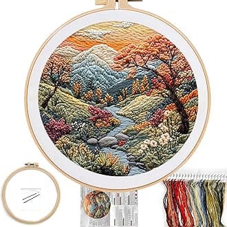 FONNUY Embroidery Kit for Beginners, Boho Nature Landscape Pre-Stamped Pattern Kits for Adults with Hoop, Easy to Follow Color Thread Needlework, 8'' Hoop (Mountain Stream)