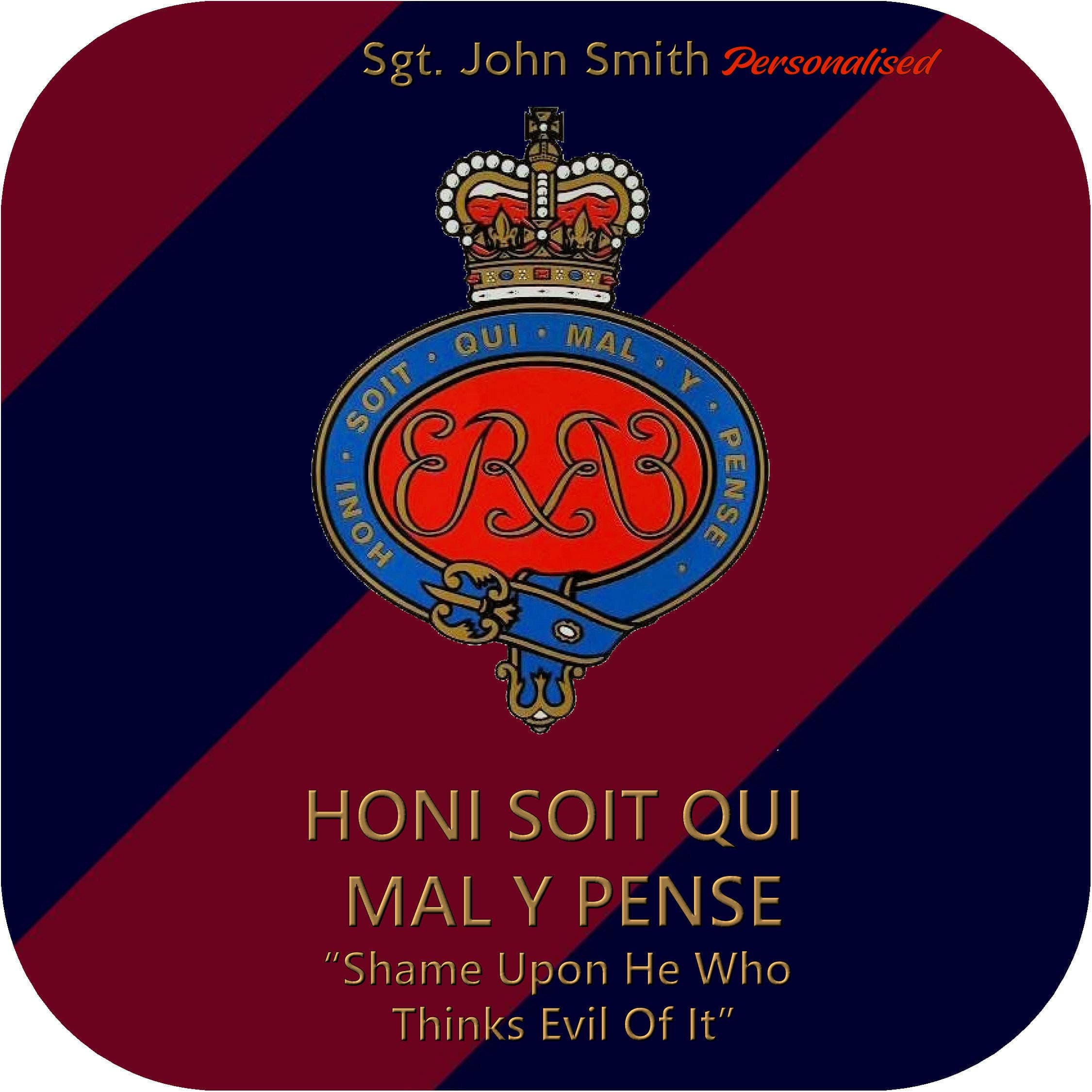 HQ Gift IdeasGrenadier Guards Mug Coaster featuring an image of the Regimental Badge on a Household Department Tie with the motto "Honi Soit Qui Mal Y Pense" (Evil Be With Him Thinking Evil)