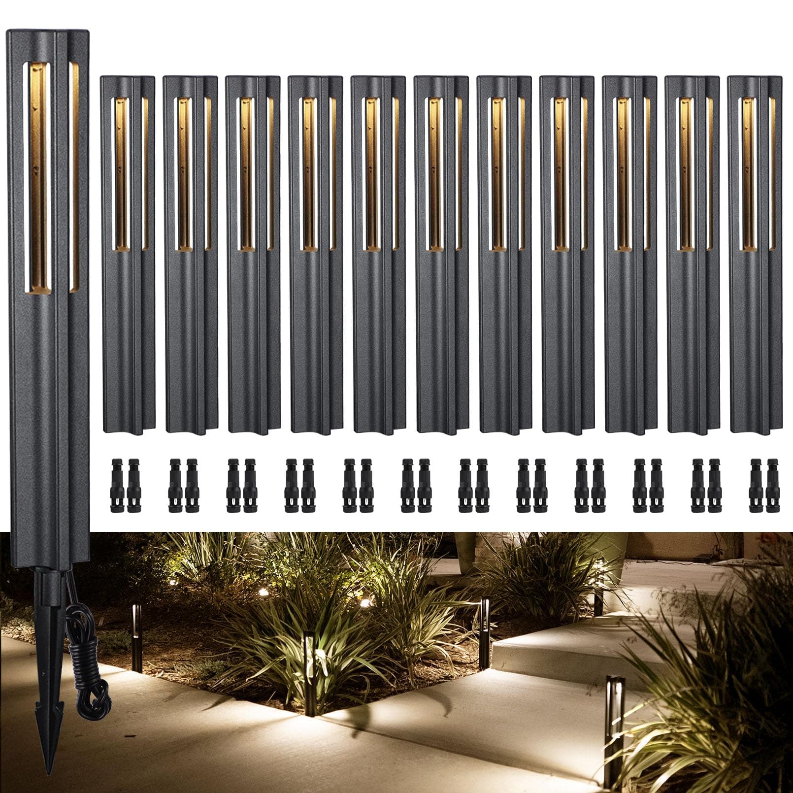 12-Pack Low Voltage Path Lights, 3W LED Landscape Pathway Lights, Outdoor Landscape Lighting for Driveway, Garden, Aluminum, 12-24V AC/DC, ETL Listed, IP65 Waterproof, 3000K Warm White, Black