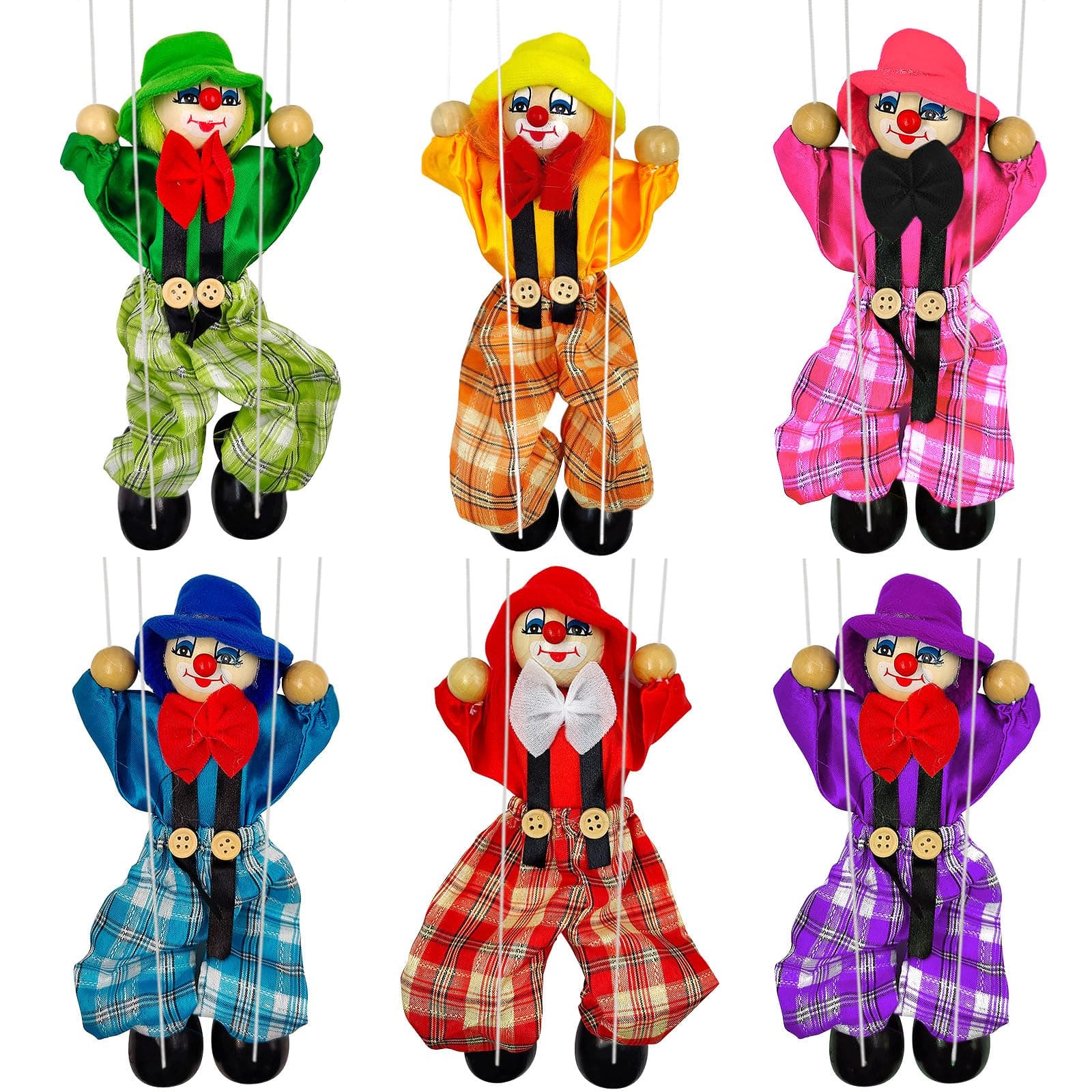 6 Pack Wooden Marionette Puppets Clown Pull String Puppets Movable Hands and Feet for Family Men Women Pretend Play Puppetry Party