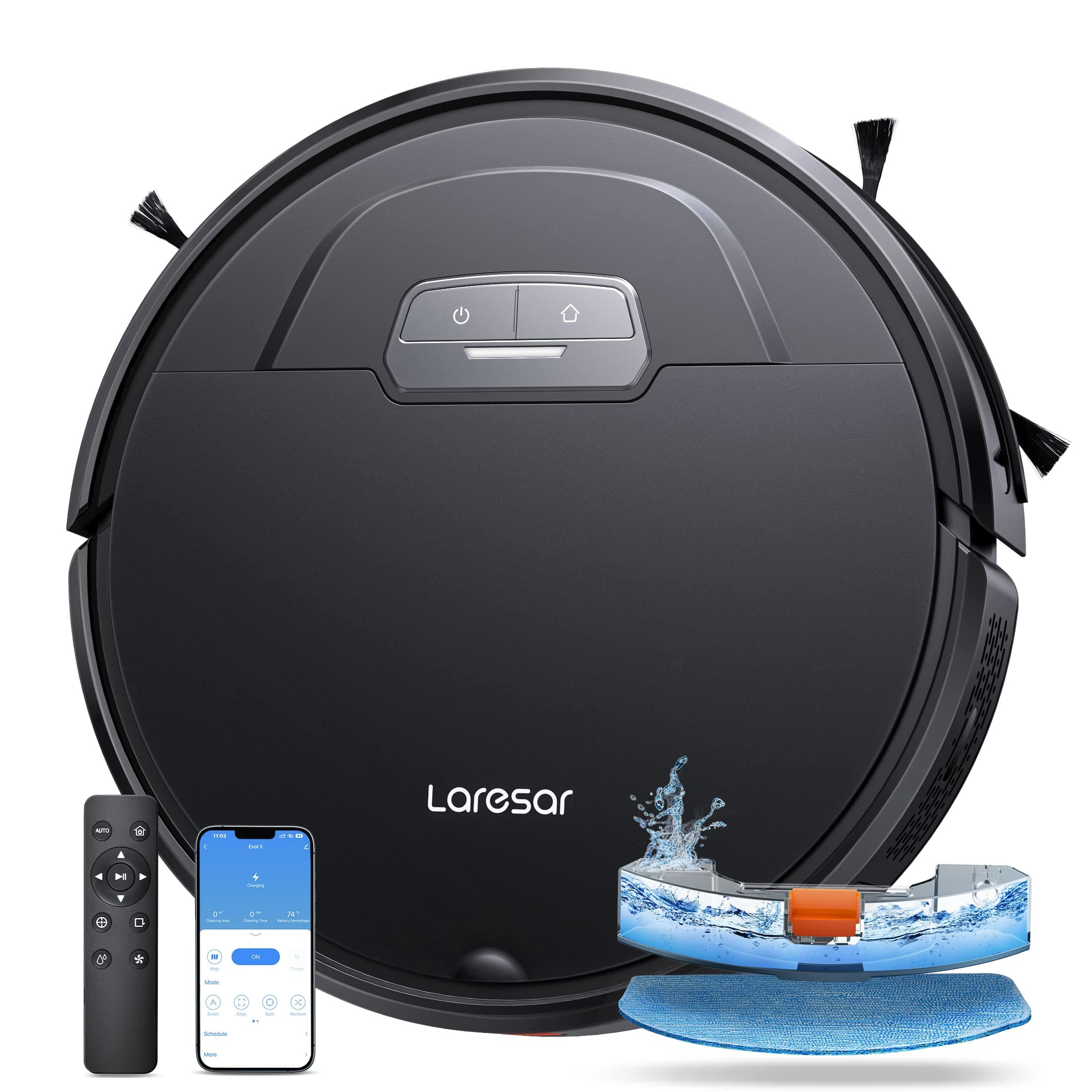 Evol 3 Robot Vacuum Cleaner With Mop Function - 4500Pa Super Thin Black Vacuum - 180 Minutes Battery Life - App/Remote/Voice Control - Ideal for Hard Floors, Pet Hair, Carpet