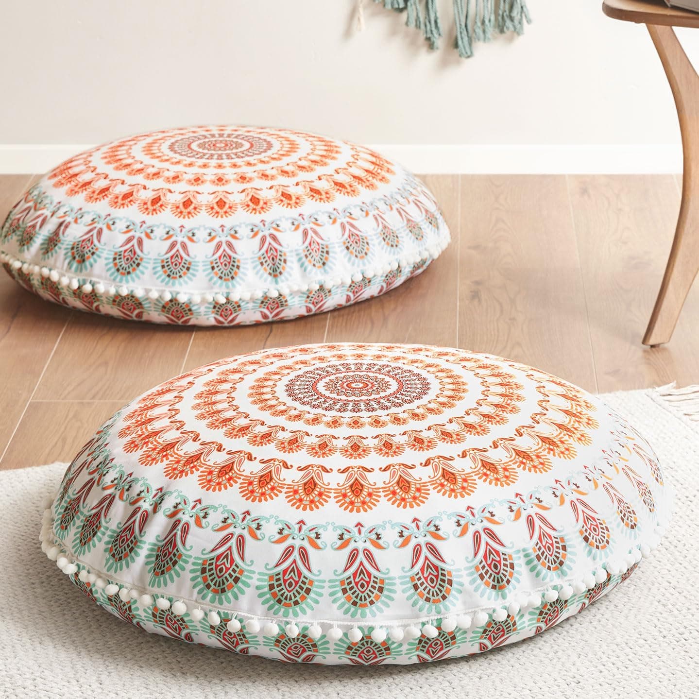 Codi Floor Pillows for Adults Set of 2, Large Boho Meditation Cushions with Memory Foam, Round Mandala Seating for Outdoor Yoga and Living Room, Washable, 32 Inch, Coral