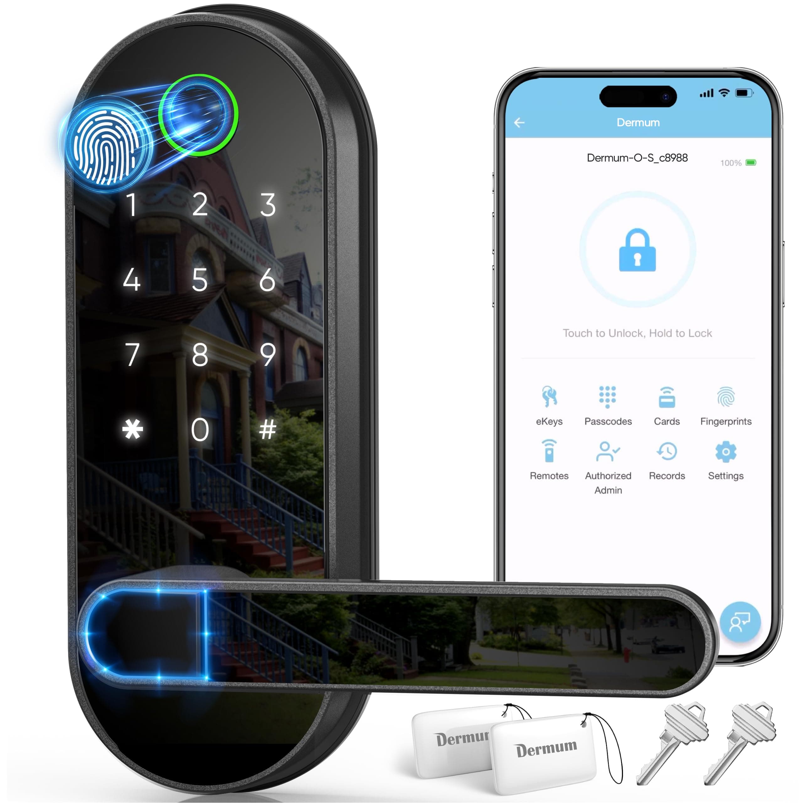 Keyless Entry Fingerprint Digital Smart Lock with Handle & Keypad: Electronic/Electric Lock with Code, App Control Biometric Deadbolt Door Knob for Front, Interior, Exterior & Bedroom Door (Black)