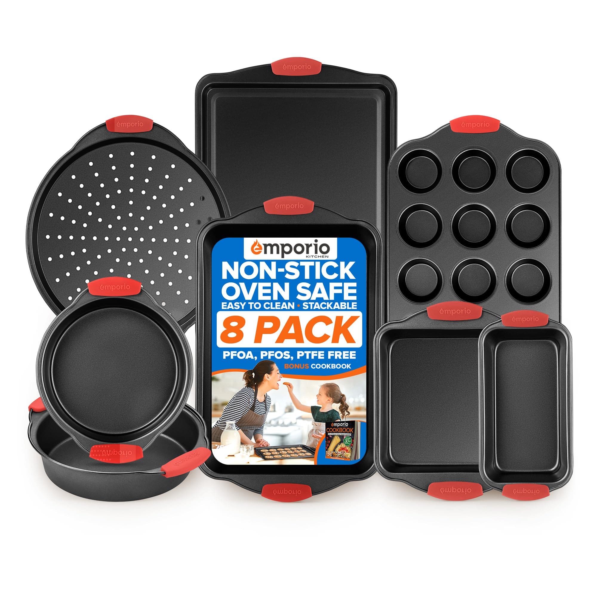 Baking Pan Set - Nonstick Coating, Carbon Steel Bakeware Set with Red Silicone Handles, PFOA, PFOS, PTFE Free, Recipe Booklet Included, Oven Safe Tray (Up To 450° F), Set of 8 - Black