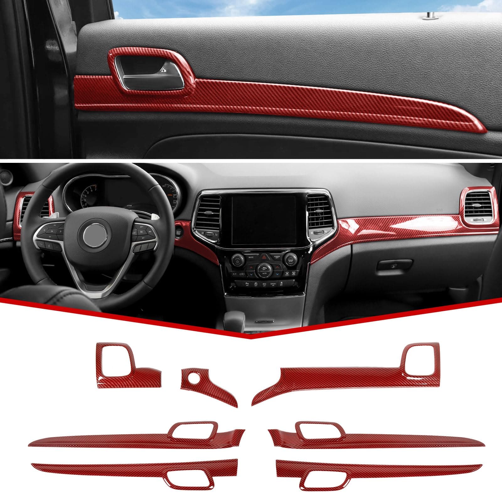 Dashboard Panel Trim & Inner Door Handle Cover Interior Trim Kit Compatible with Jeep Grand Cherokee WK2 2014-2020, Red Carbon Fiber Finish