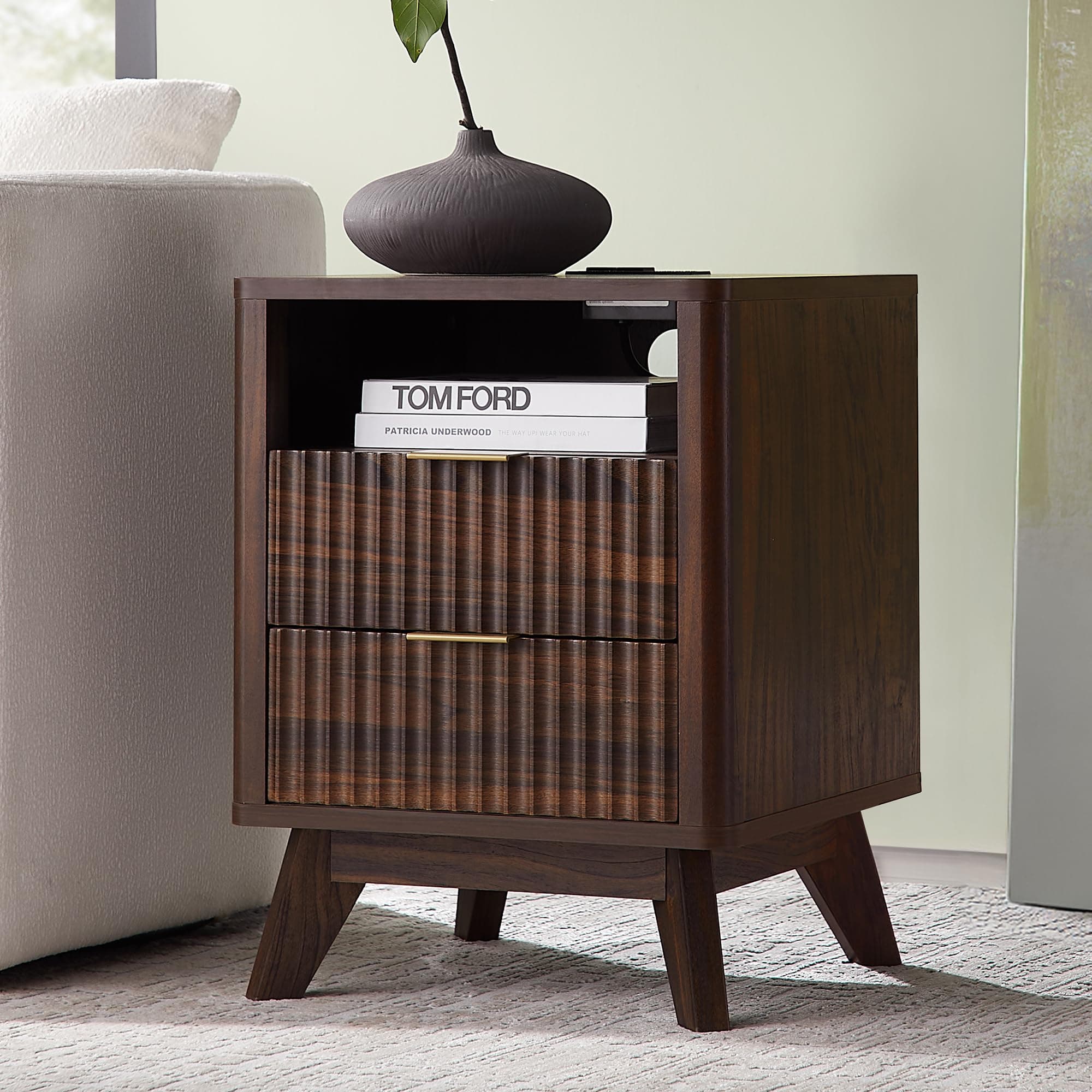 Fluted Nightstand with Charging Station, 18" Modern Side Table, 2 Drawers End Table with Storage, Bedside Table for Bedroom, Living Room, Curved Profile Design, Dark Walnut