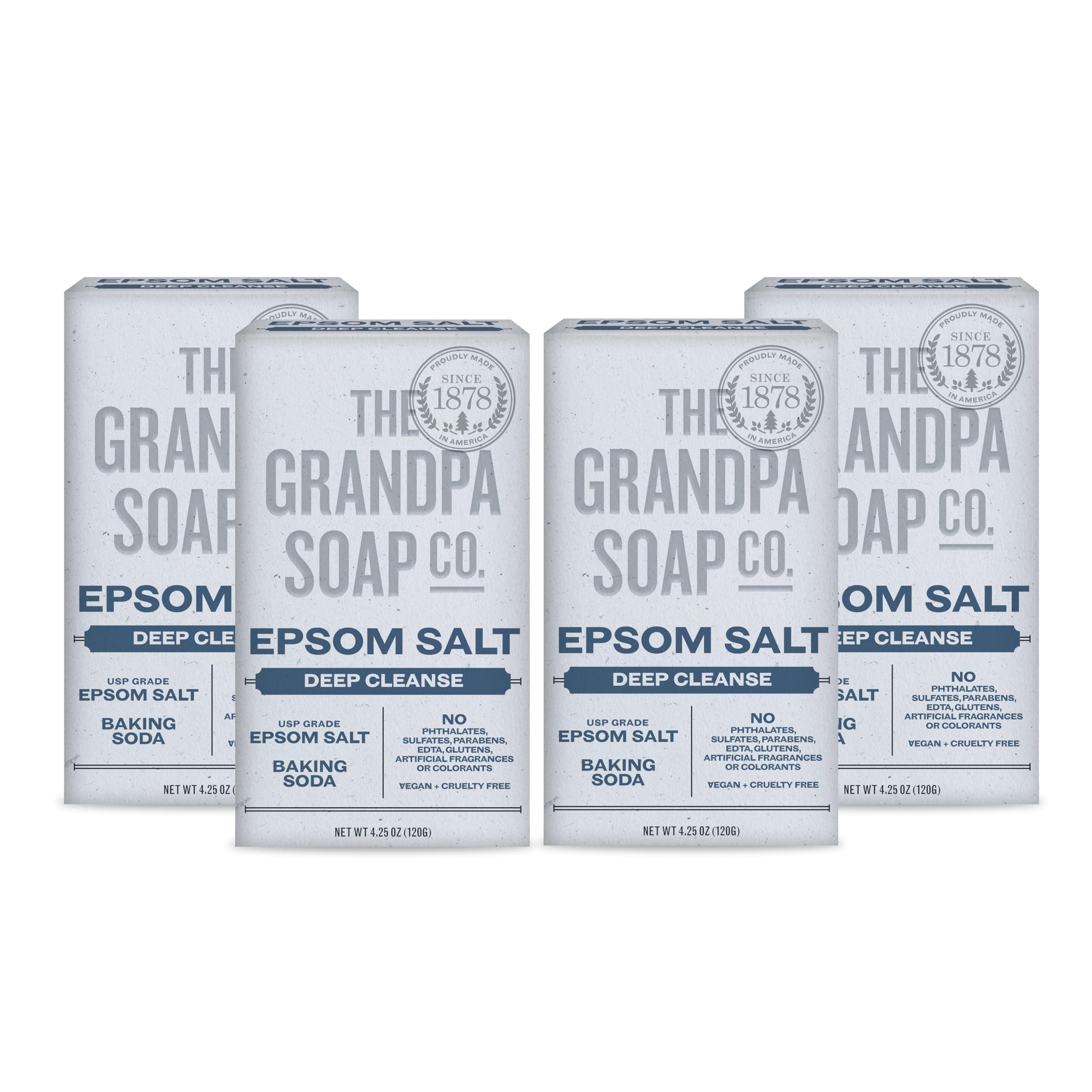 The Grandpa Soap Company Epsom Salt Bar - Deep Cleansing , Made with Epsom Salt and Baking Soda, Removes Dirt Grease and Grime, Vegan, For Face and Body, 4.25 Oz, 4 Pack