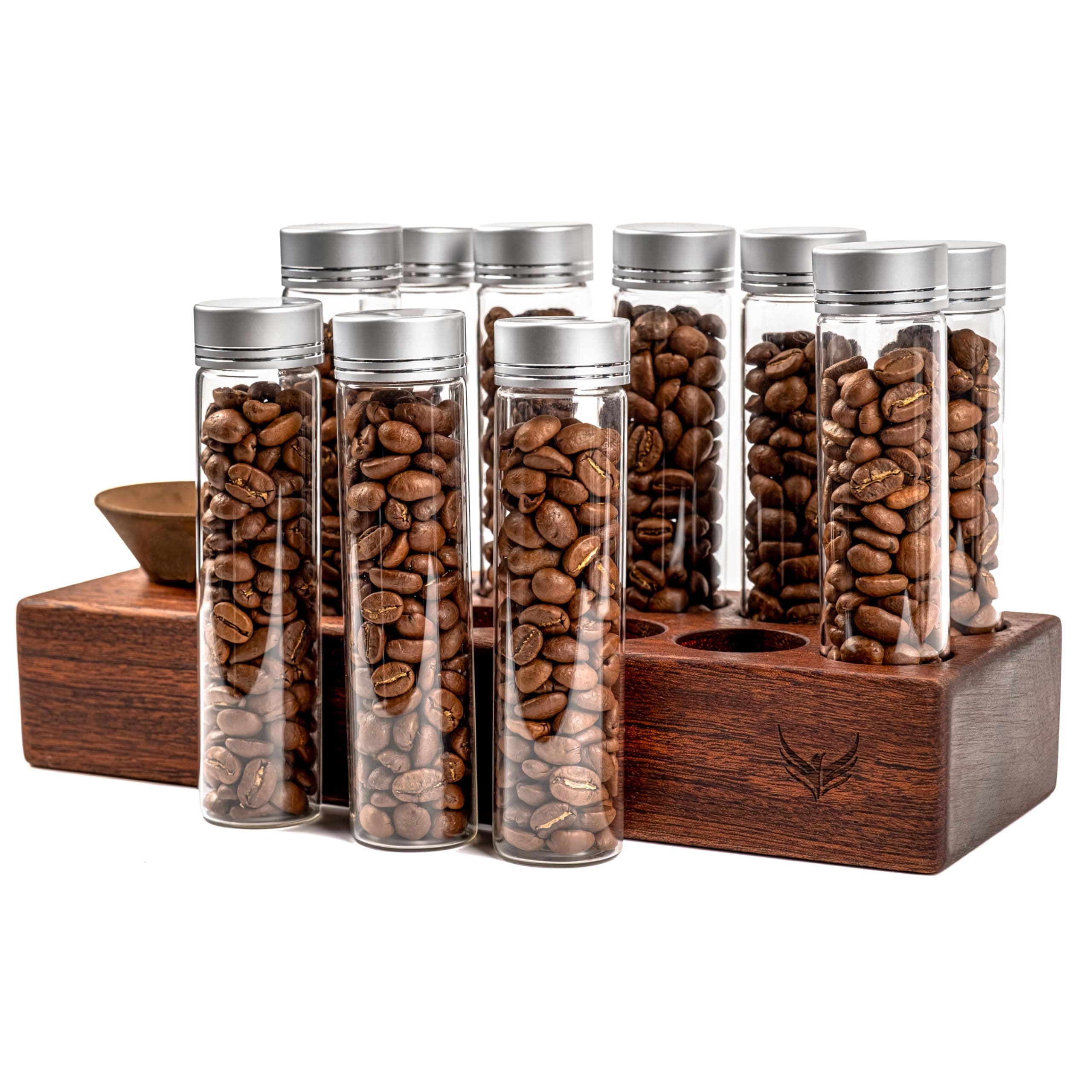 Single Dose Coffee Bean Storage Tubes Coffee Bean Cellar 10 Pcs Dosing Glass Vials With Lids (2 Oz) Wooden Display Stand And Funnel