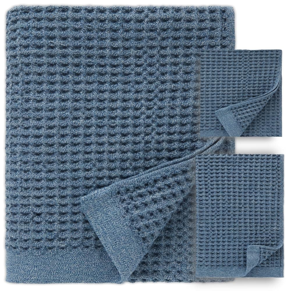 ONSEN Waffle Bath Sheet Set – 3-Piece Cotton Bundle with Bath Sheet, Hand and Face Towels – Lightweight, Quick Dry, and Absorbent – Ideal for Bathroom, Gym, Guest Use – Denim Blue