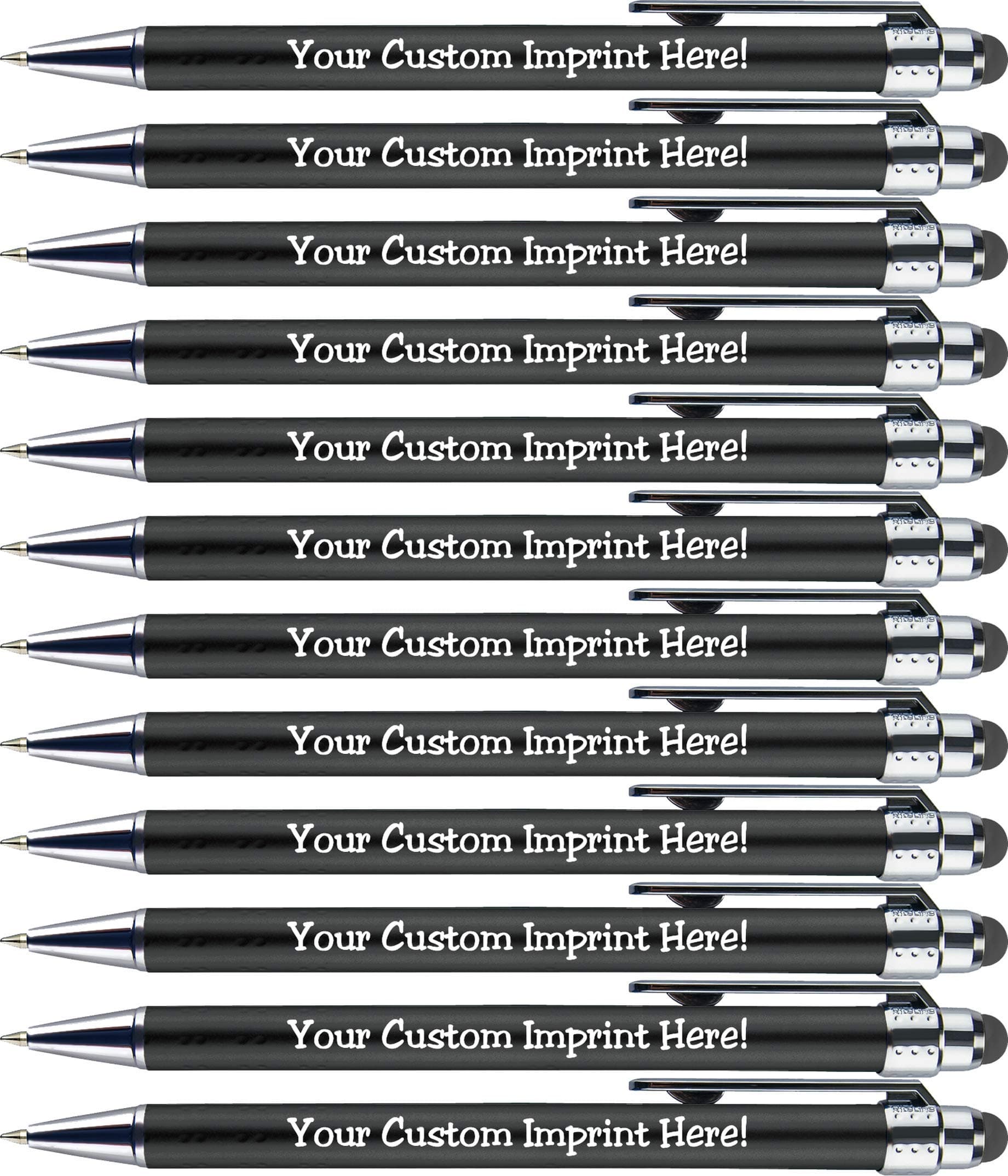 Personalized Pens with Stylus Tip -Bright Vibes- Click action - Custom - Black writing - Printed Name pens - Imprinted with Your Logo or Message - FREE PERSONALIZATION - 12 Pens/Box (Black)