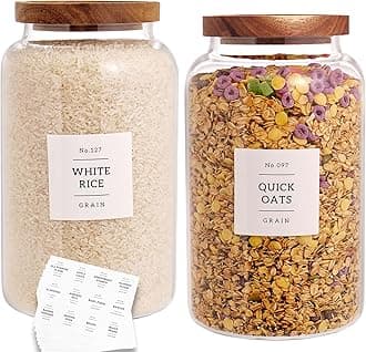 Set of 2 Large Glass Jar with Airtight Acacia Lid and 132 Kitchen Pantry Labels, Clear Glass Food Storage Jars Containers for Rice Flour Pasta Sugar Coffee Cookie and More(98 Fl Oz/2800 Ml)