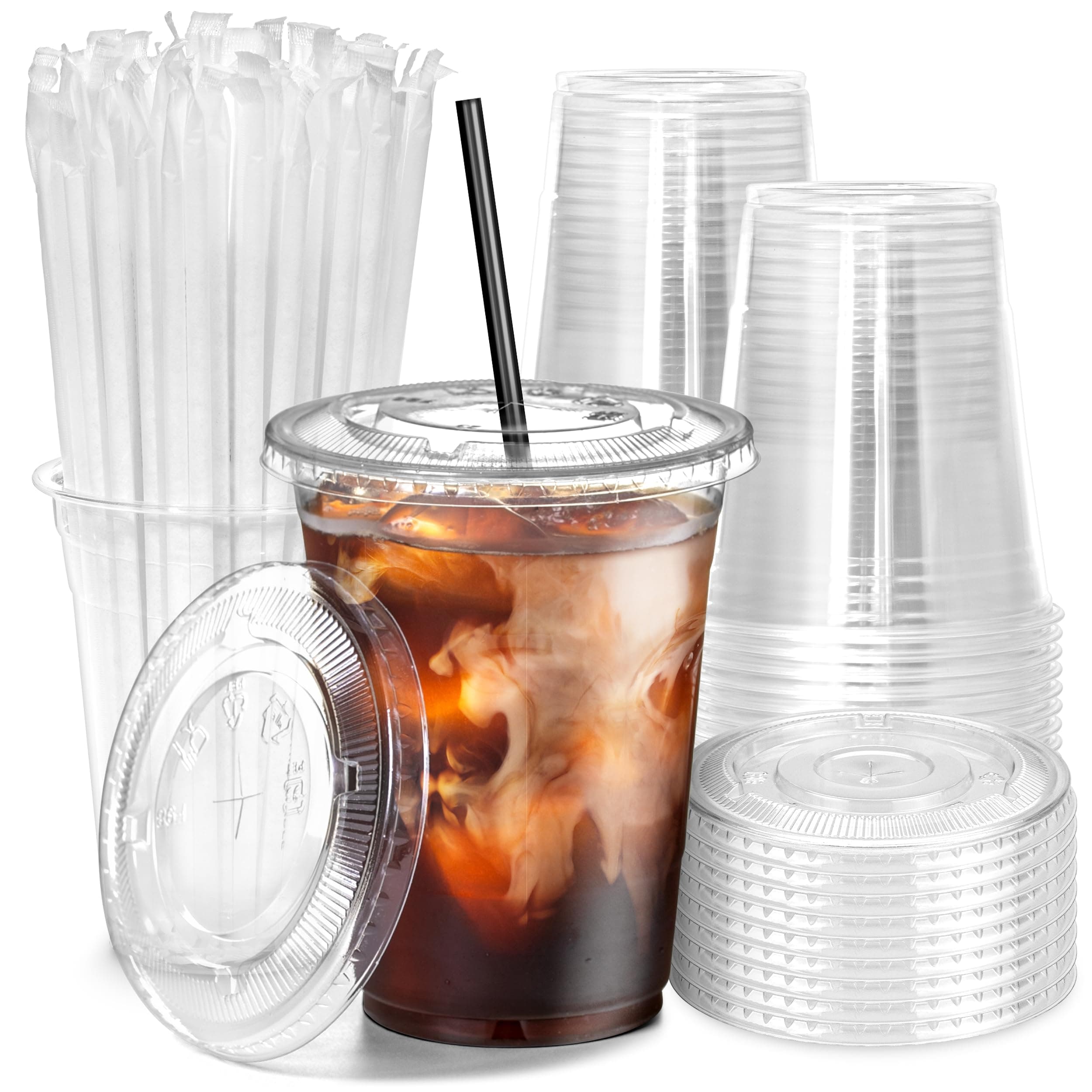 100 Pack 16 oz Plastic Iced Coffee Cups with Flat Lids and Black Straws, Disposable Clear Cup, BPA Free Cup for Party, Smoothie, Cold Drinks, Juice, Milkshake, Bubble Boba, Tea