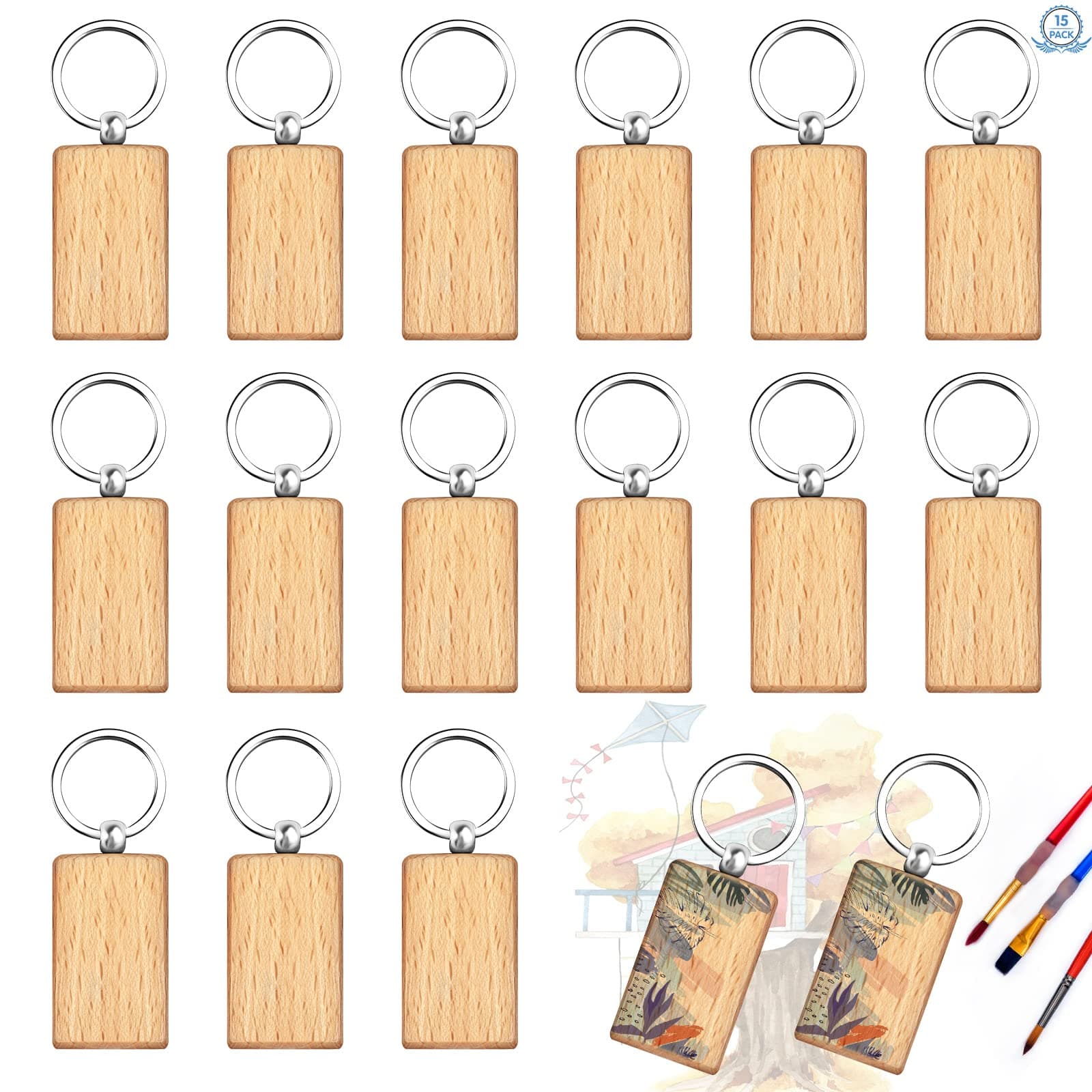 15Pcs Blank Wood Keychains - 5 * 3cm Rectangular DIY Wood Craft Keyrings - Natural Wooden Key Tags for DIY Craft Pyrography