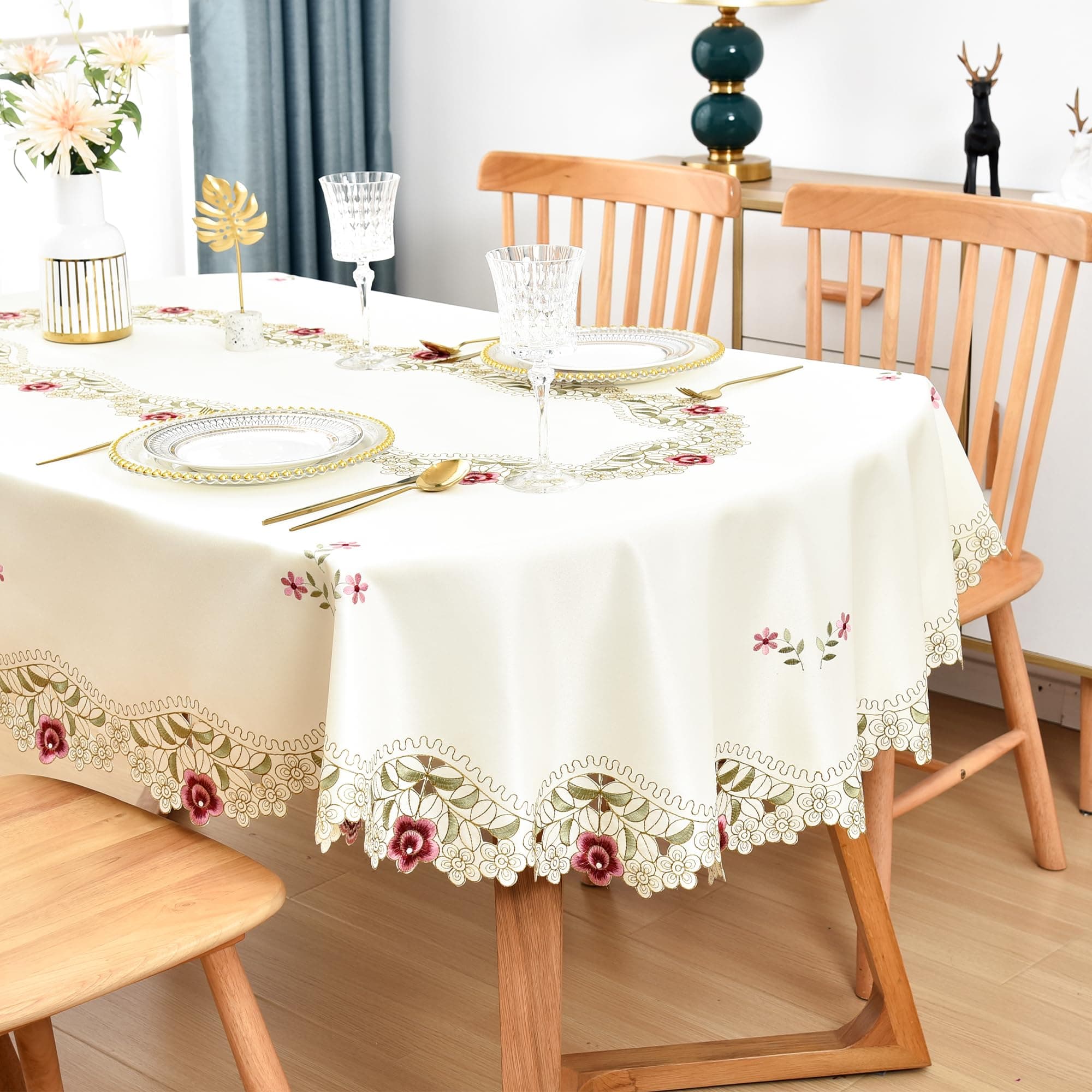 Wolkemer Jacquard Floral Oval Tablecloth Little Rose Embroidered Lace Beige Table Cover for Home Dining Kitchen Decor 60 x 84 inch