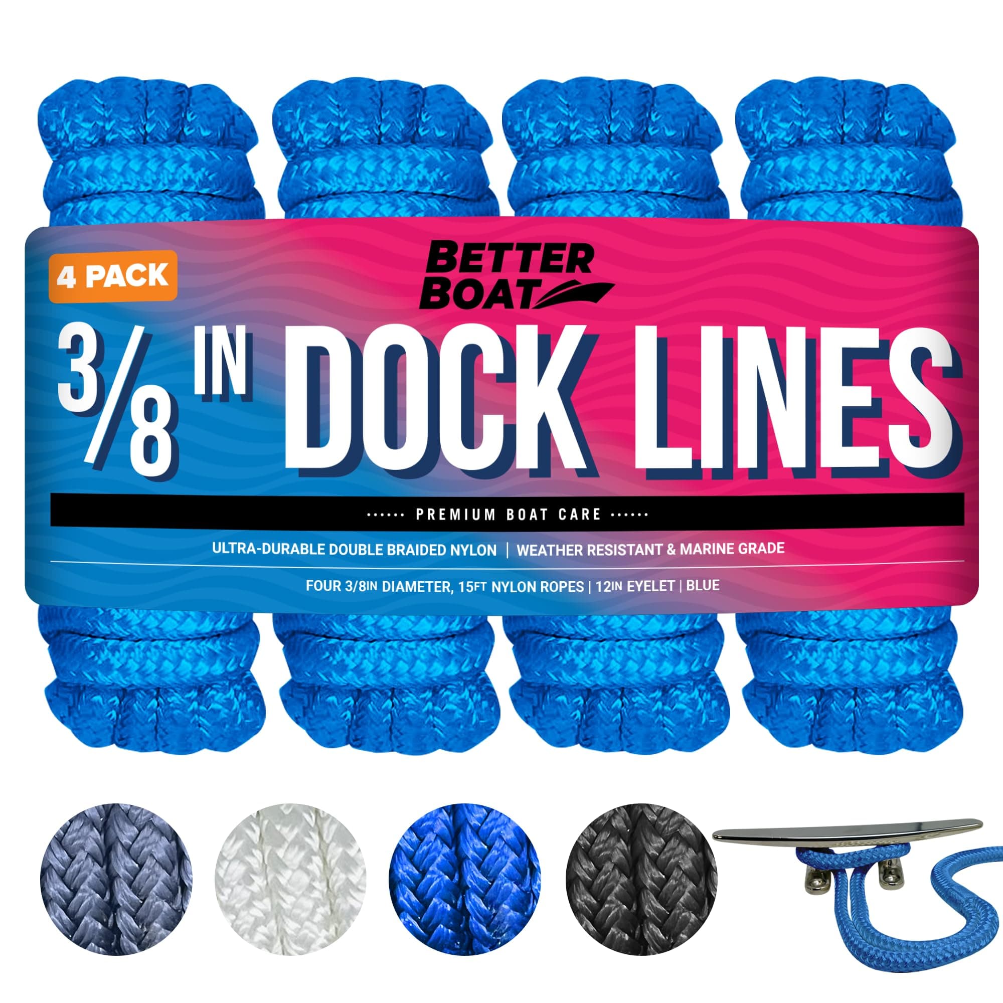 Better Boat Dock Lines Ropes for Docking 3/8" Line Braided Mooring Marine Rope 15FT Blue 4 Pack