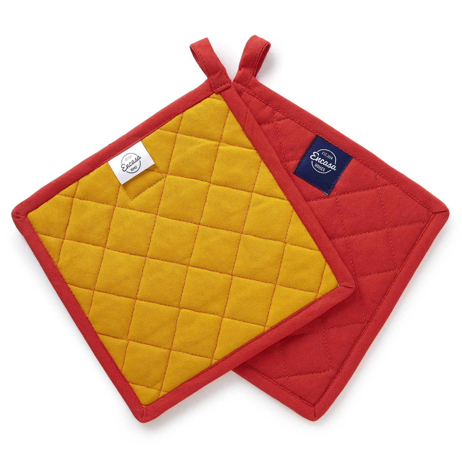 Heat Resistant Cotton Pot Holders with Hanging Loop - Set of 2 - Mango - Multipurpose Quilted Everyday Hot Pad for Kitchen, Camping, BBQ & Microwave - 8x8 in