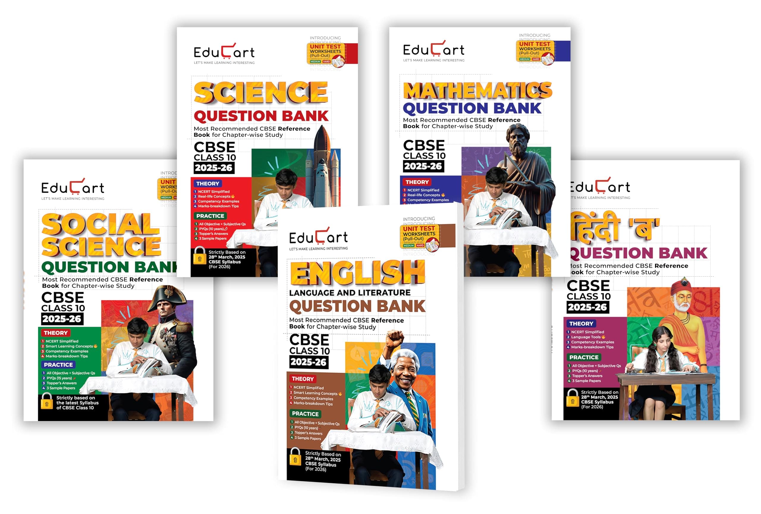 Educart CBSE Question Bank Class 10 Bundle - Science, Mathematics, Social Science, English and Hindi B on New Syllabus 2025-26 (Introducing Unit Test Worksheets for 2026 Boards)