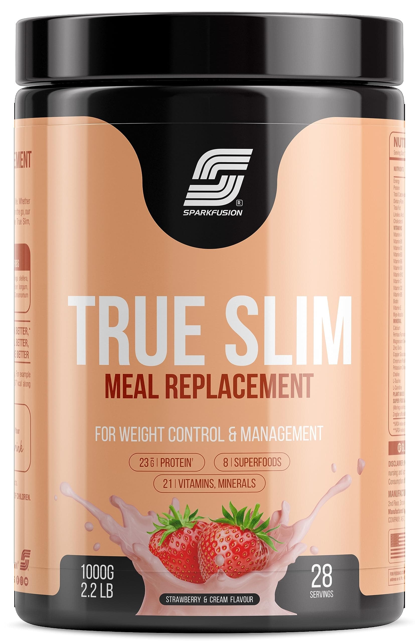 True Slim Protein Powder Meal Replacement Shake | For Weight Control And Management |23 gm Protein With 8 Ayurvedic Superfood | Sugar Free | For Men and Women (Strawberry & Cream, 1000 g)