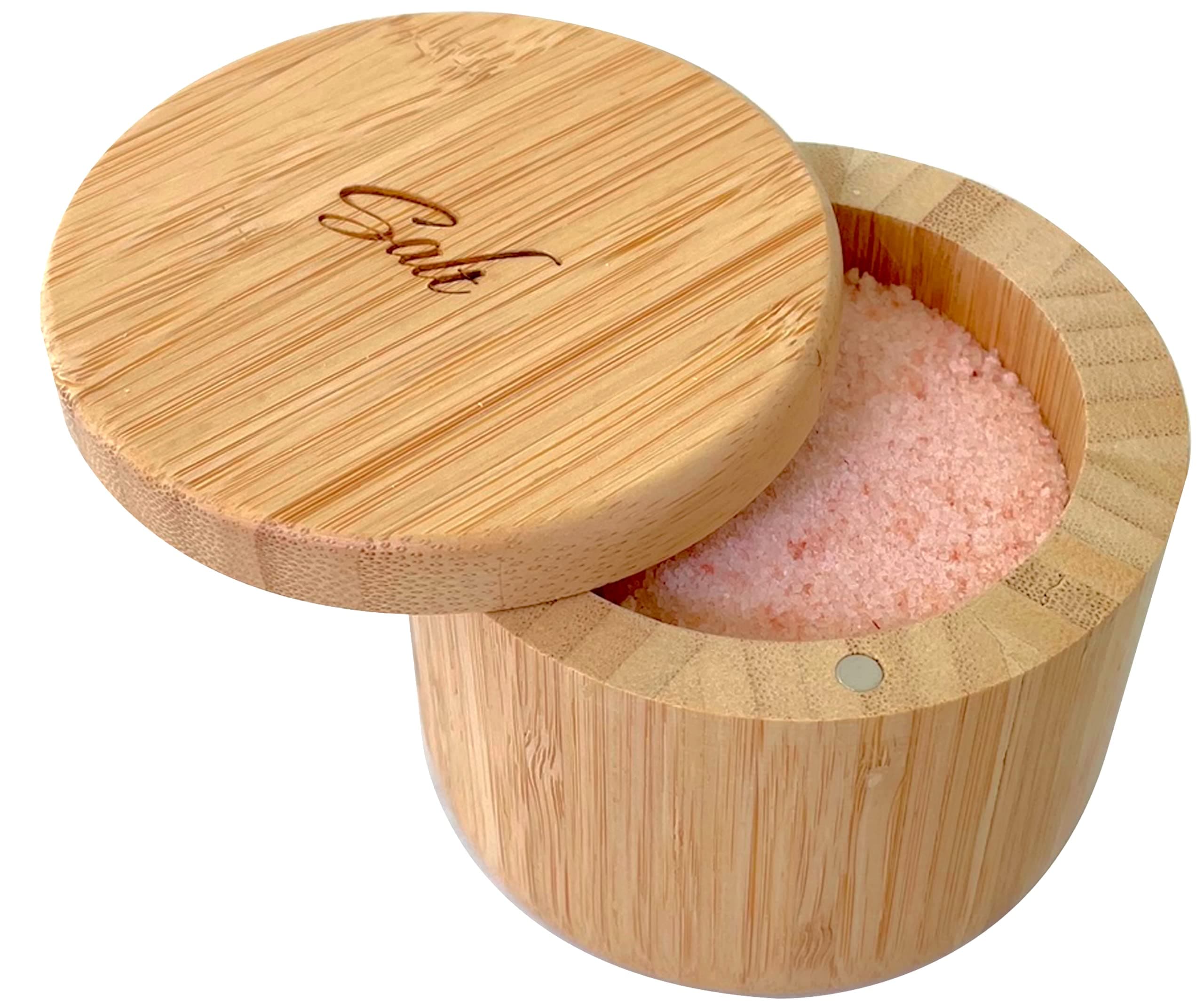 Salt Box Premium Bamboo Salt Cellar Salt Container Storage Box Spice Box Wood Salt Bowl with Magnetic Swivel Lid "Salt" Engraved on Lid Salt Holder Great for Storing Sea Salt Curing Kosher