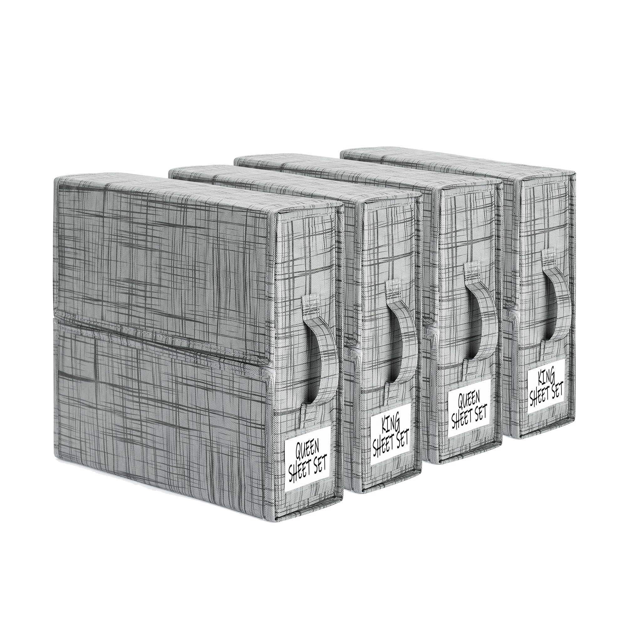 SUOCO SheetCube 4 Pack Bed Sheet Organizers and Storage, Foldable Bedding Storage Box Container with Window and Label, Linen Closet Organizer Folder for Blanket, Duvet Cover Set, Bed Sheet Set - Grey