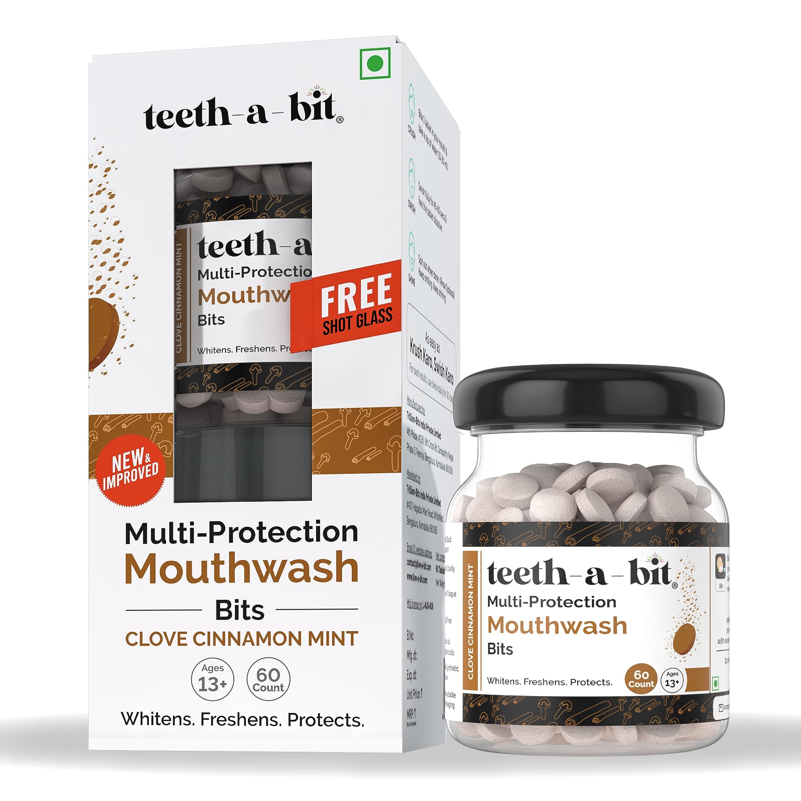 teeth-a-bit Multiprotection Clove Cinnamon Mint Mouthwash Bits | No Alcohol, Artificial Flavors & Colors | Fights Germs | Freshens Mouth | Equal to 1200ml of liquid mouthwash (1 Pack, 60 Count)